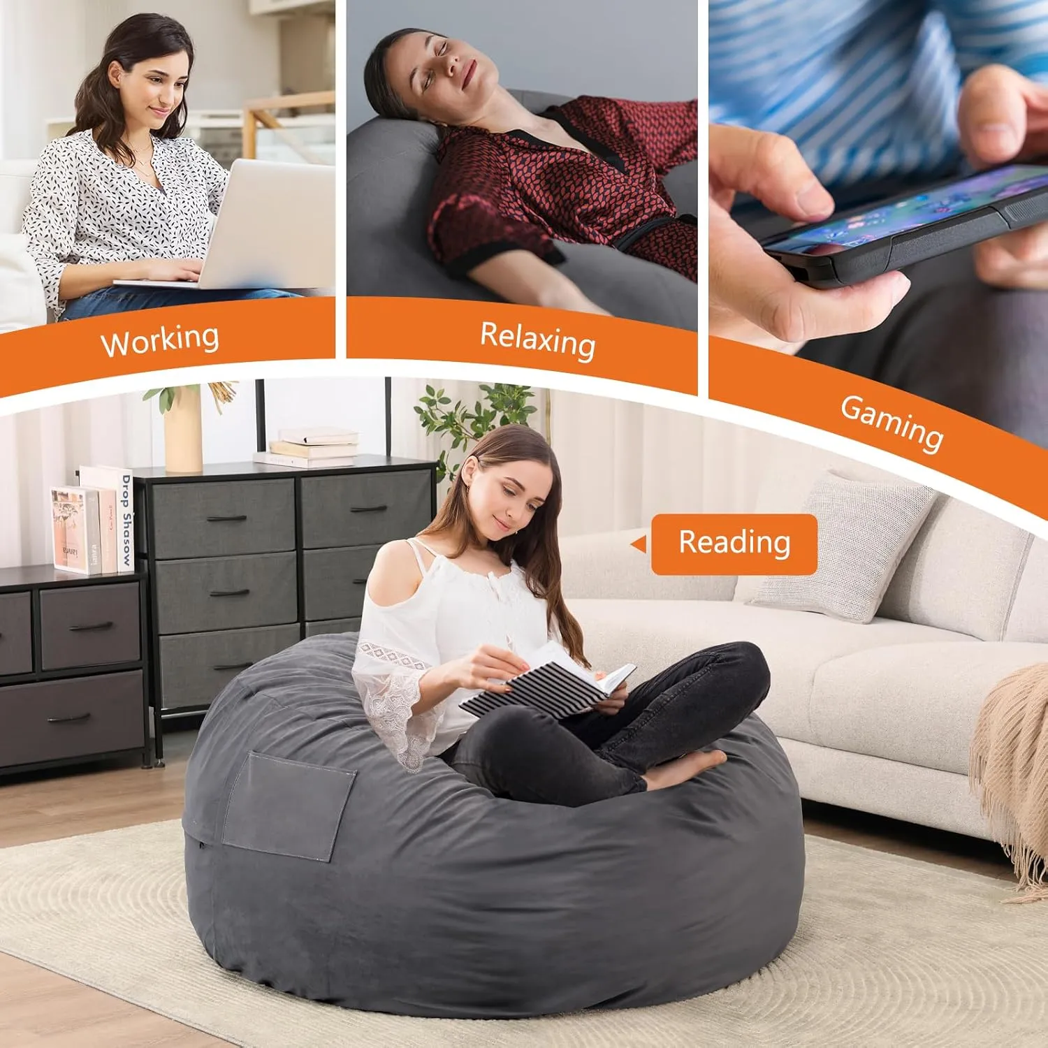 Sweetcrispy Bean Bag Chairs, 3Ft Bean Bags for Kids Teens, Large Beanbag Chair with Memory Foam Filled and Soft Removable Washable Cover, Comfy Sofa for Living Room Bedroom Dorm, 3 Feet Gray
