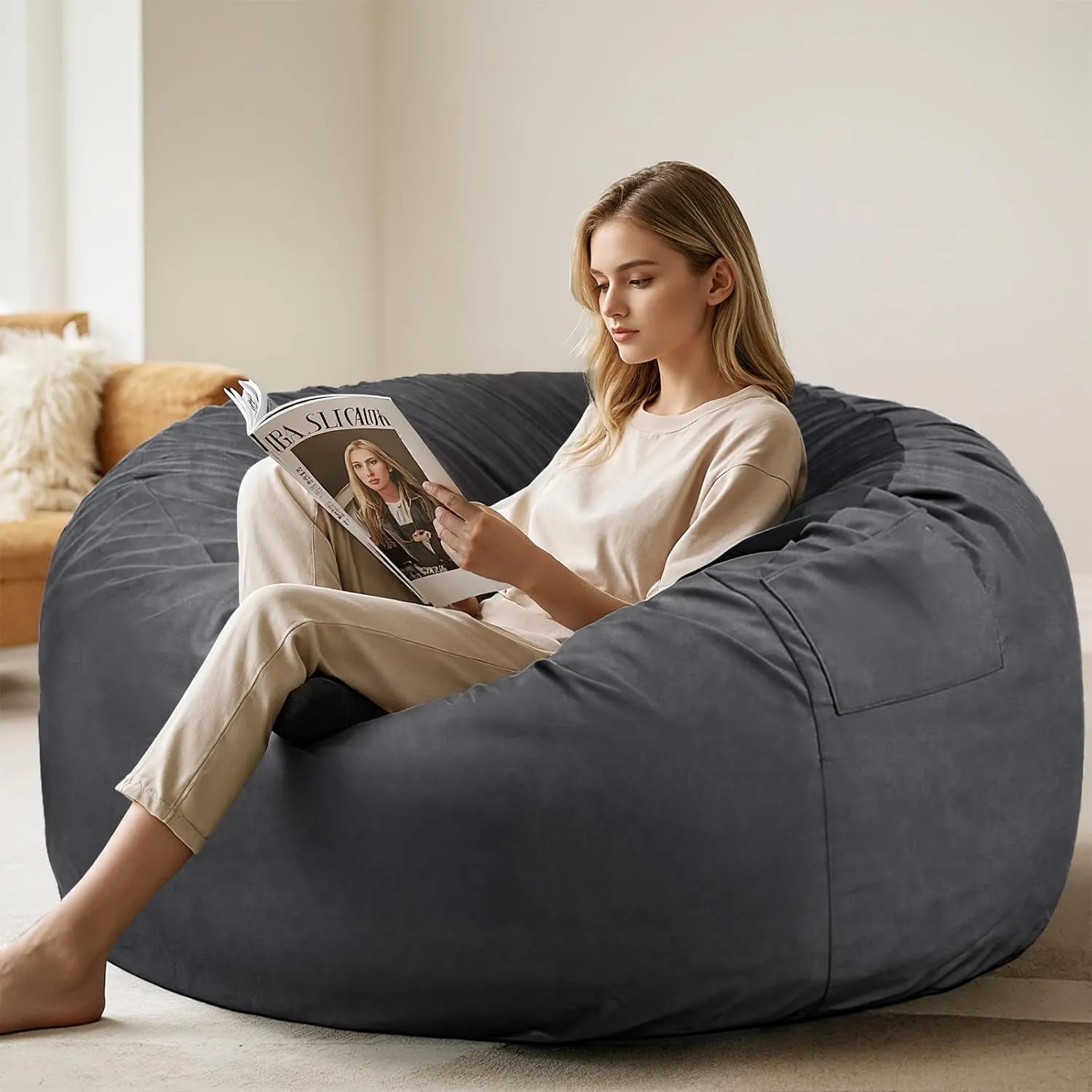 Sweetcrispy Bean Bag Chairs, 3Ft Bean Bags for Kids Teens, Large Beanbag Chair with Memory Foam Filled and Soft Removable Washable Cover, Comfy Sofa for Living Room Bedroom Dorm, 3 Feet Gray