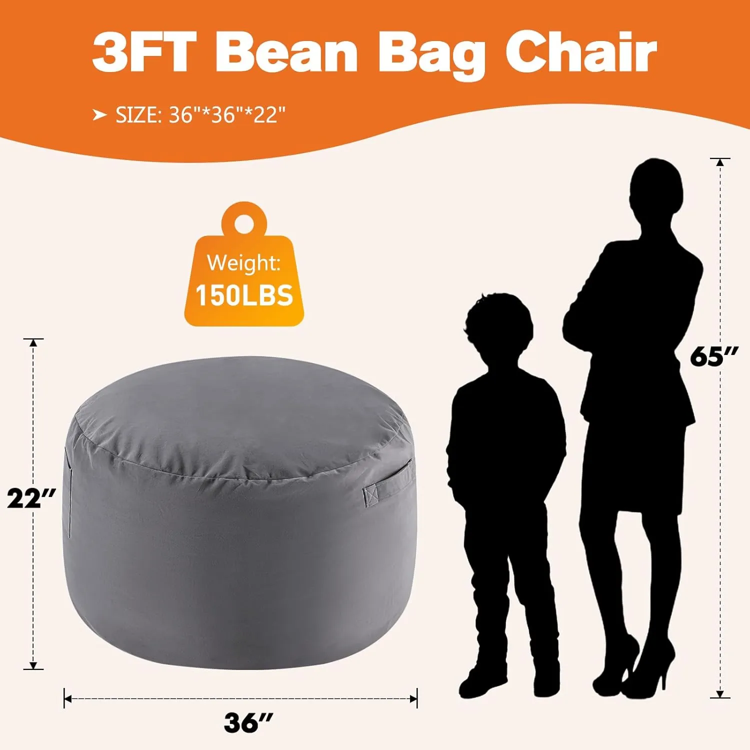 Sweetcrispy Bean Bag Chairs, 3Ft Bean Bags for Kids Teens, Large Beanbag Chair with Memory Foam Filled and Soft Removable Washable Cover, Comfy Sofa for Living Room Bedroom Dorm, 3 Feet Gray