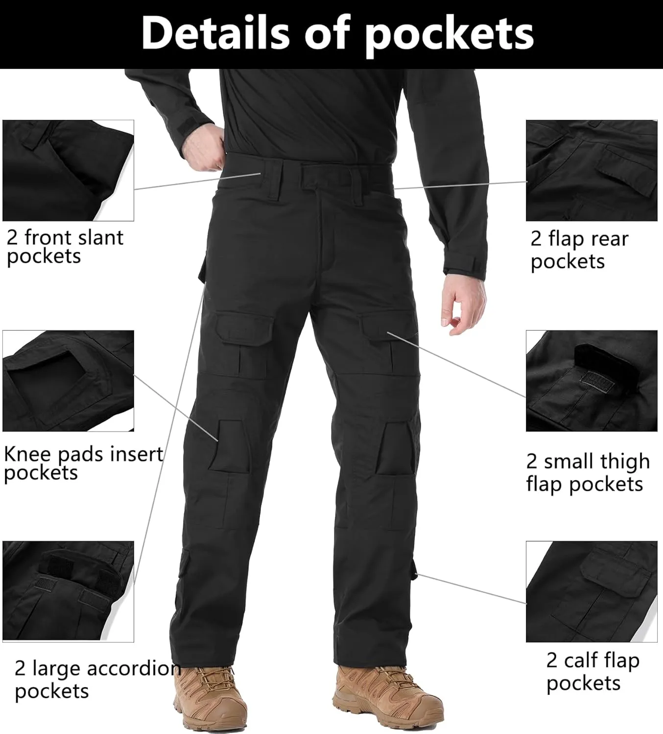 Tactical Pants for Men Water Resistant Hiking Pants Camo Cargo Pants with 10 Pockets No Belt and Kneepad