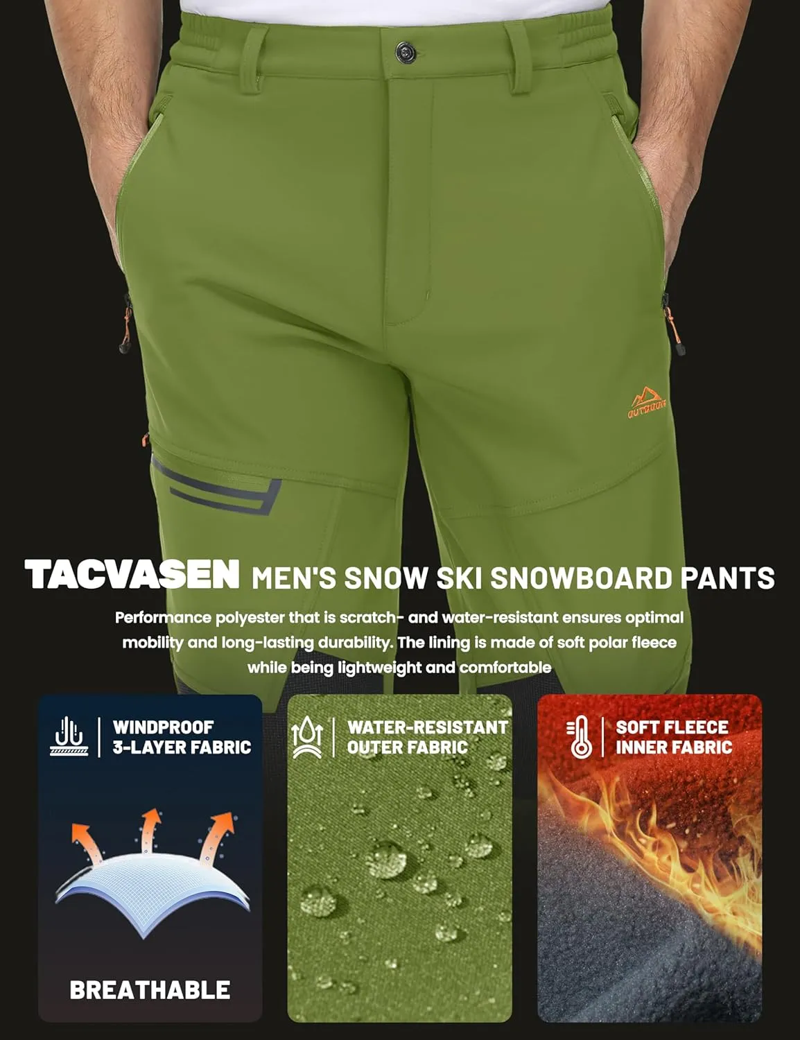 TACVASEN Men's Snow Ski Pants Windproof Snowboard Pants for Men Water Resistant Hiking Pants Fleece Lined Winter Working