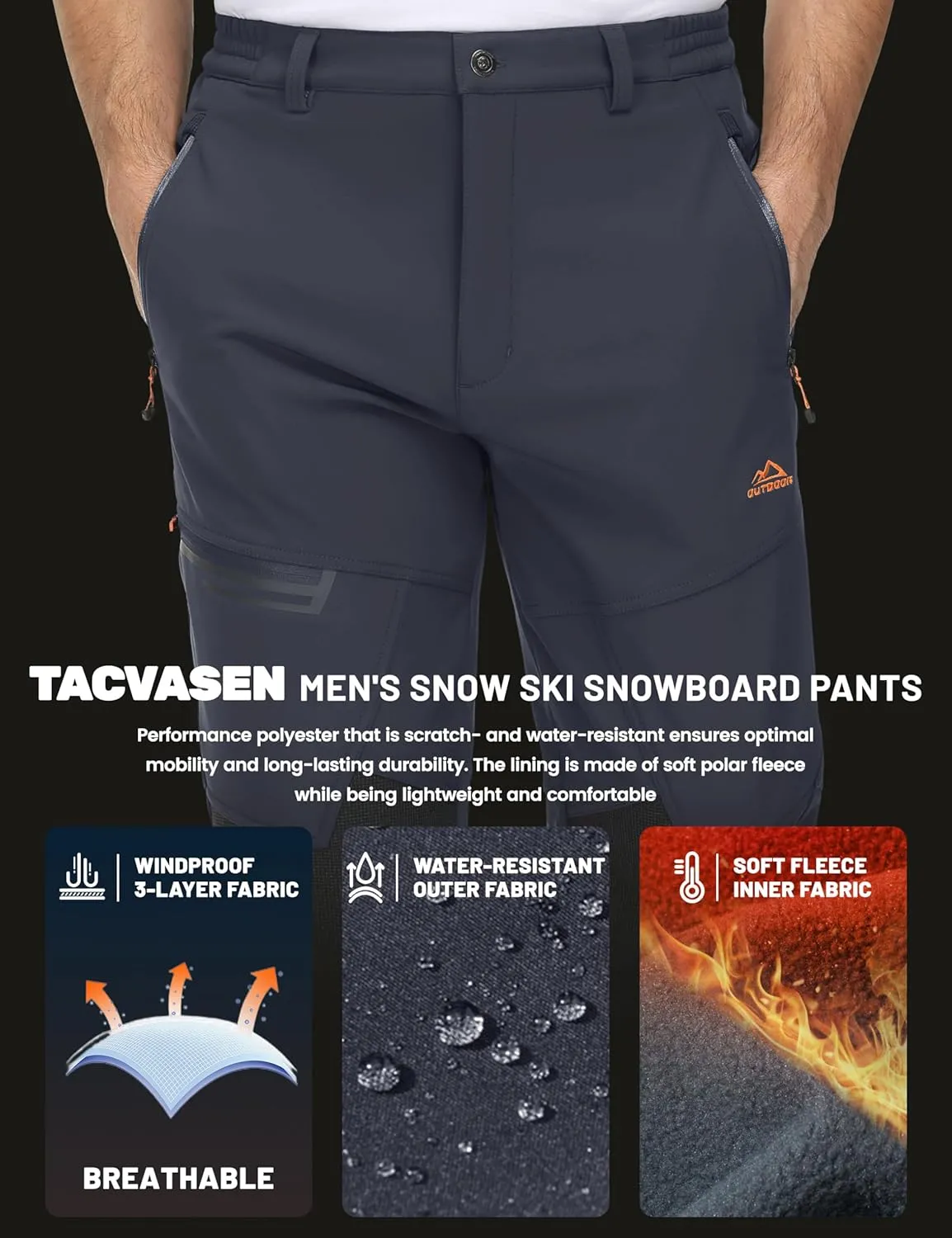 TACVASEN Men's Snow Ski Pants Windproof Snowboard Pants for Men Water Resistant Hiking Pants Fleece Lined Winter Working