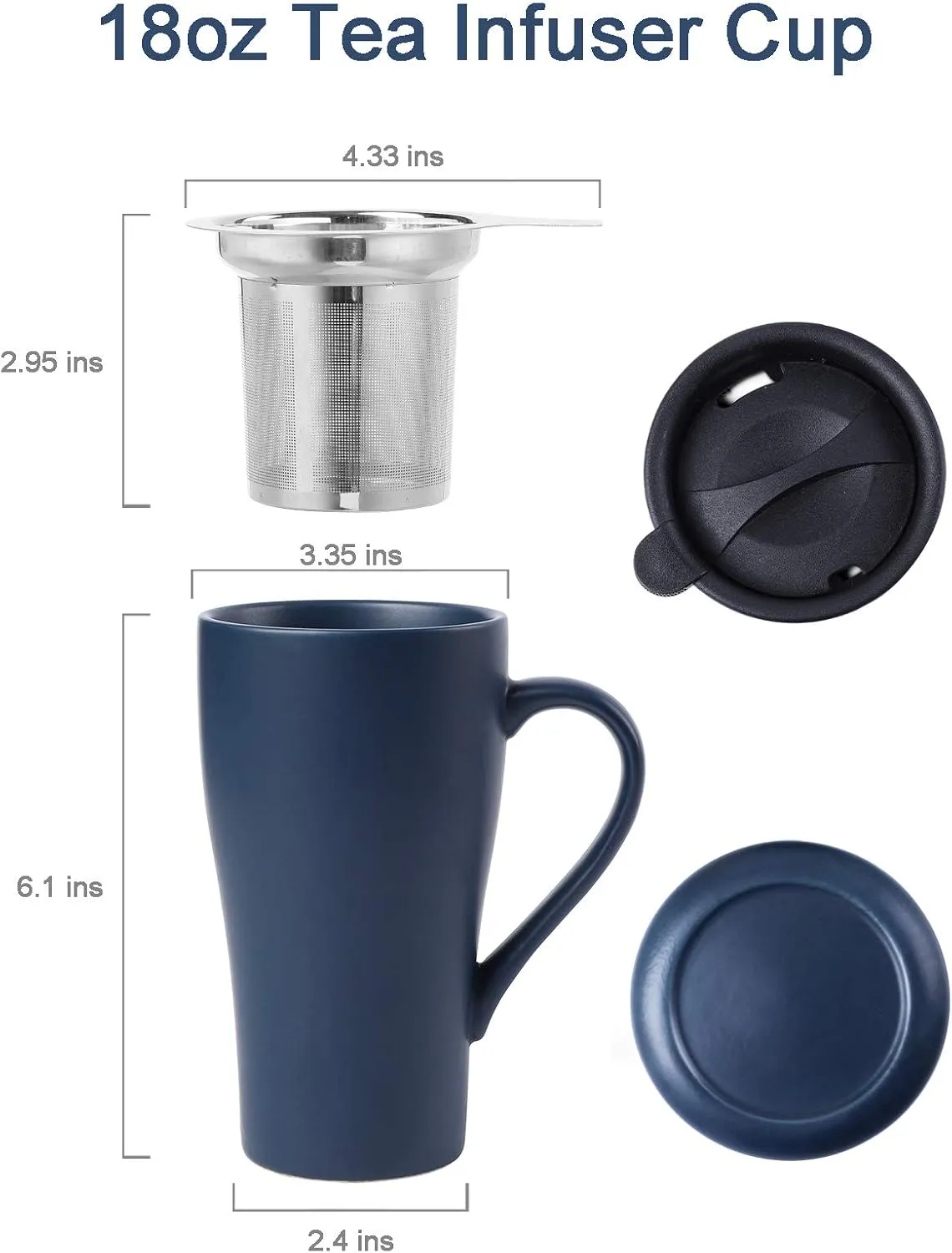 Tea Cup with Infuser and 2 Lids, 18oz Large Tea Infuser Mug, Tea Strainer Cup for Loose Leaf, Travel Mug with Teabag Holder (Royal Blue)