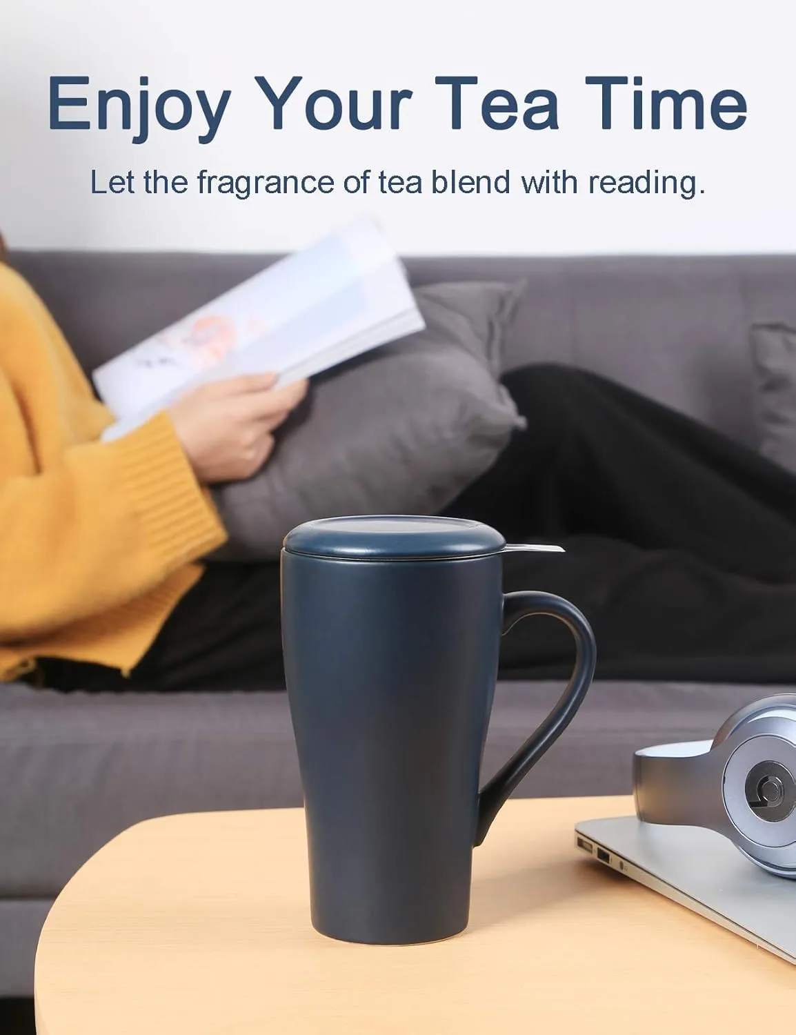 Tea Cup with Infuser and 2 Lids, 18oz Large Tea Infuser Mug, Tea Strainer Cup for Loose Leaf, Travel Mug with Teabag Holder (Royal Blue)