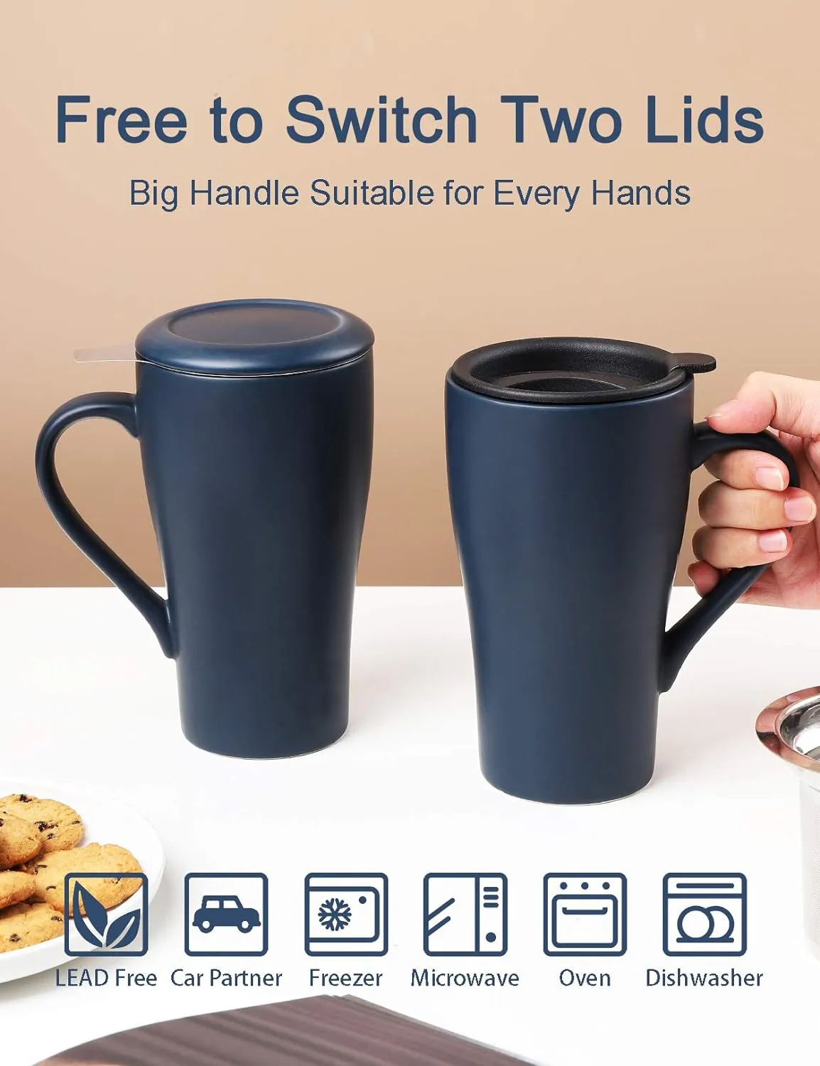Tea Cup with Infuser and 2 Lids, 18oz Large Tea Infuser Mug, Tea Strainer Cup for Loose Leaf, Travel Mug with Teabag Holder (Royal Blue)