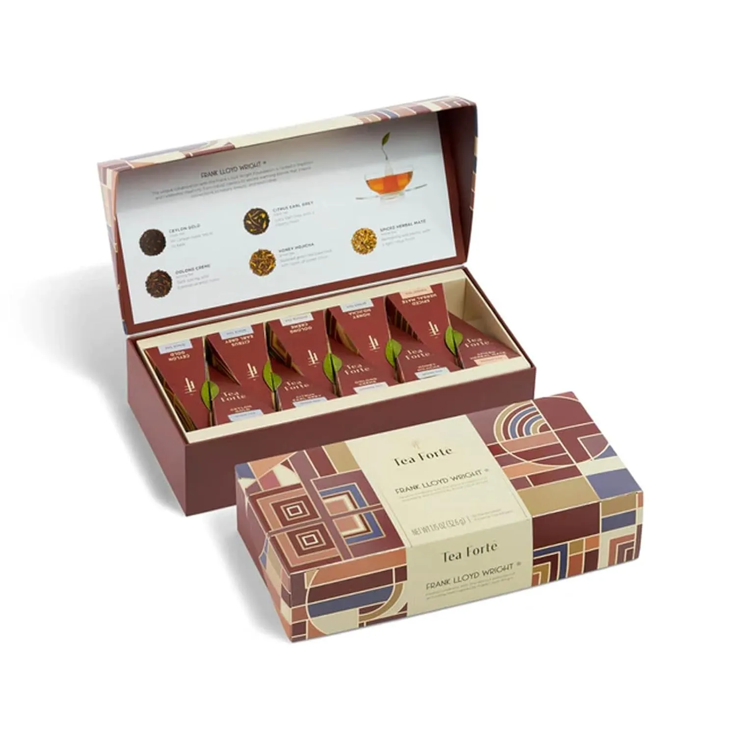 Tea Forte Frank Lloyd Wright Petite Presentation Box Mother's Day Tea Gift Set Sampler, 10 Count, 2 of Each Variety Individually Wrapped Handcrafted Pyramid Infuser Bags