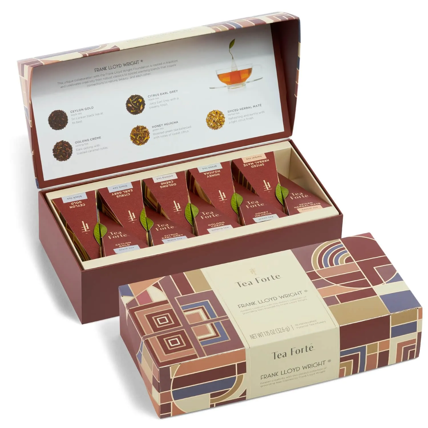 Tea Forte Frank Lloyd Wright Petite Presentation Box Mother's Day Tea Gift Set Sampler, 10 Count, 2 of Each Variety Individually Wrapped Handcrafted Pyramid Infuser Bags