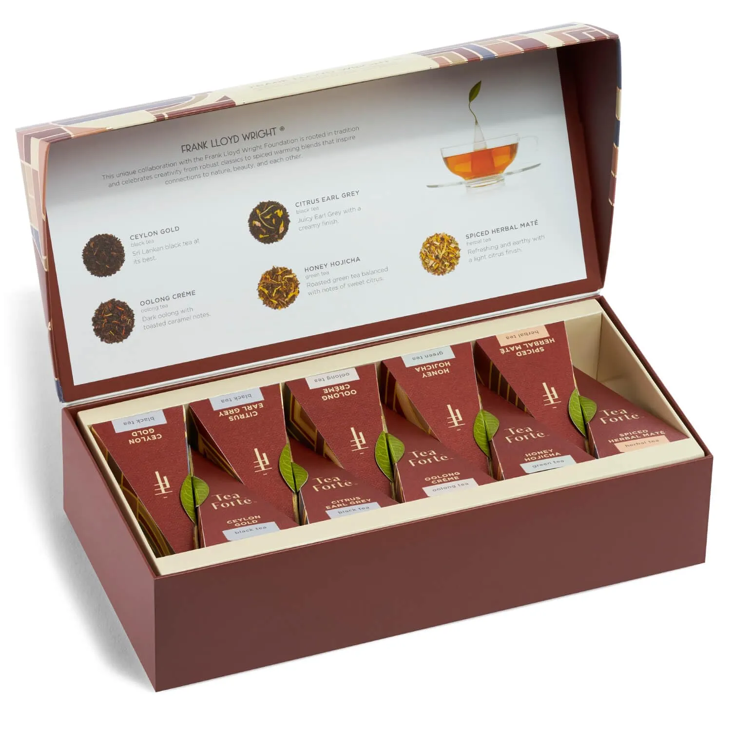 Tea Forte Frank Lloyd Wright Petite Presentation Box Mother's Day Tea Gift Set Sampler, 10 Count, 2 of Each Variety Individually Wrapped Handcrafted Pyramid Infuser Bags