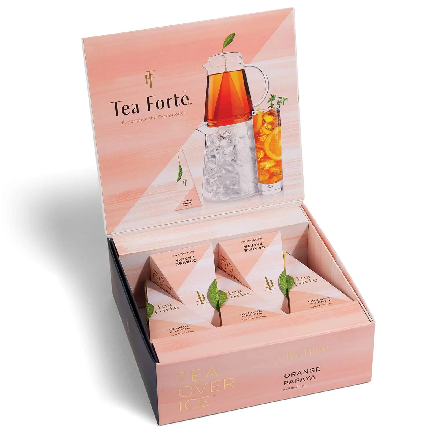 Tea Forte Tea Over Ice Orange Papaya Premium Organic Caffeinated Black Iced Tea Blend, 5 Count Individually Wrapped Handcrafted Pyramid Infuser Tea Bags, Each Steeps 24 oz.