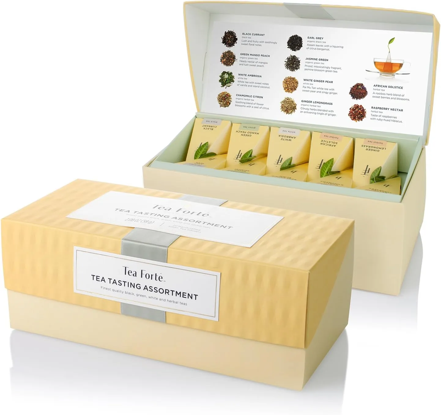 Tea Forte Tea Tasting Assortment Presentation Box Mother's Day Tea Gift Set Sampler, 20 Count 2 of Each Variety Individually Wrapped Handcrafted Pyramid Infuser Bags