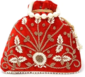 Teal Velvet Floral Embroidered Potli Bag | Pearl Handle Traditional Ethnic
