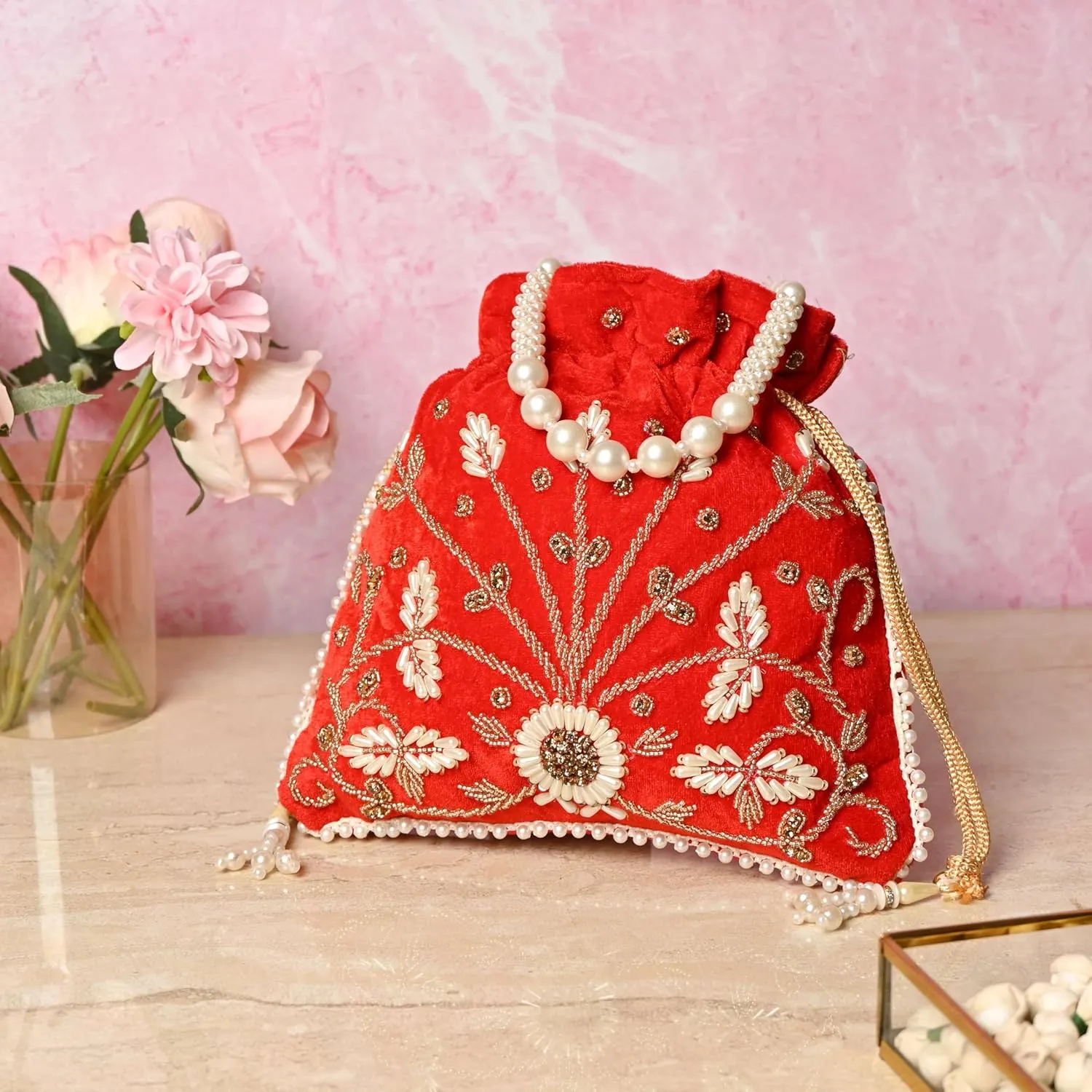 Teal Velvet Floral Embroidered Potli Bag | Pearl Handle Traditional Ethnic