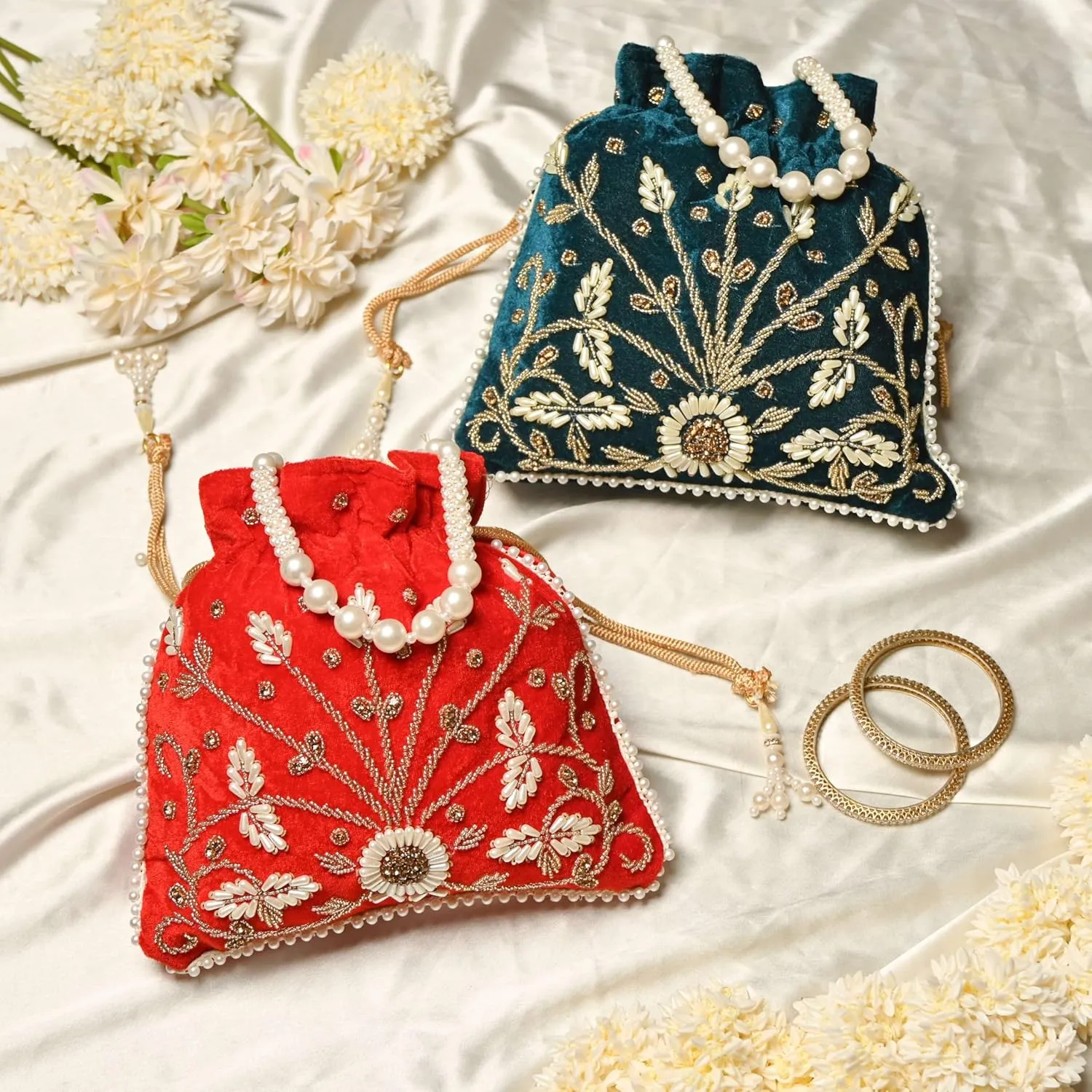 Teal Velvet Floral Embroidered Potli Bag | Pearl Handle Traditional Ethnic