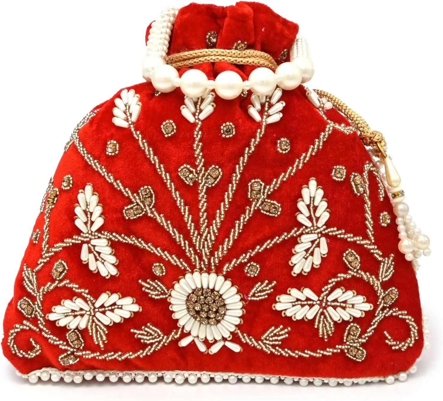 Teal Velvet Floral Embroidered Potli Bag | Pearl Handle Traditional Ethnic