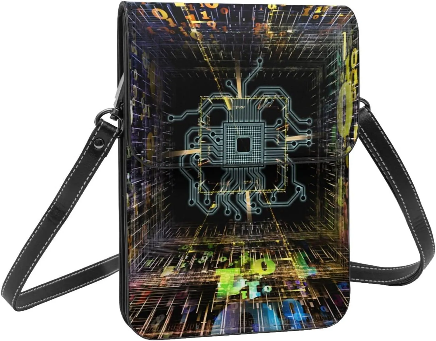 Technology Data Future Circuit Board Space Abstract Crossbody Cell Phone Purse for Womens Lightweight Small Soft Leather Fashion Travel Wallet with Adjustable Strap