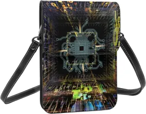 Technology Data Future Circuit Board Space Abstract Crossbody Cell Phone Purse for Womens Lightweight Small Soft Leather Fashion Travel Wallet with Adjustable Strap
