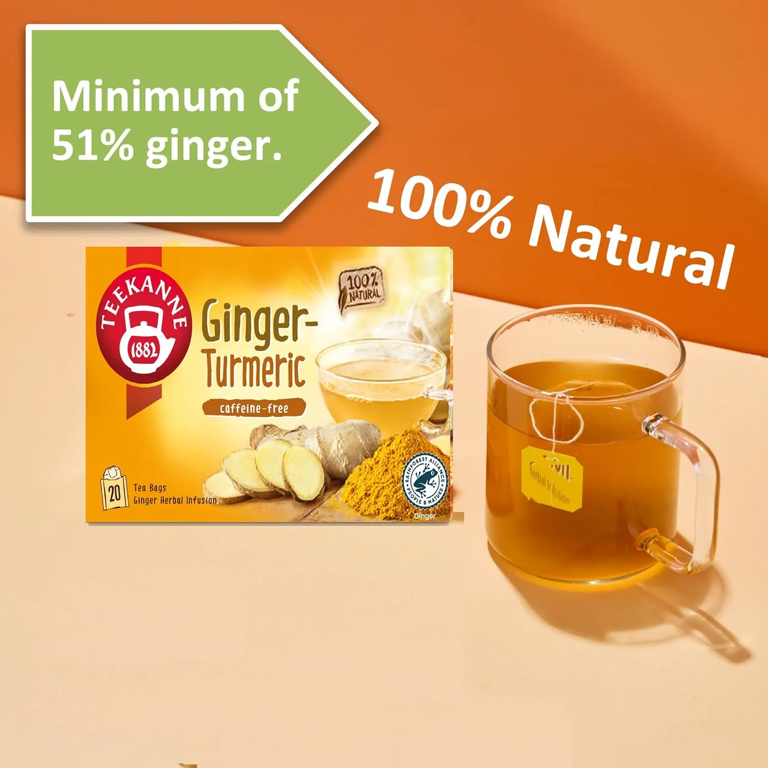 Teekanne Ginger Turmeric Tea Caffeine Free Naturally Flavored Turmeric & Spicy Ginger Herbal Tea with 20 Individually Wrapped Tea Bags Per Box Soothing Delicious Herbal Tea Pack of 4