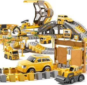 TEMI 252-Piece Construction Toy Race Track Set and 8 Cars for Kids Age 3-8 - Flexible Tracks, Best Gift for Boys and Girls