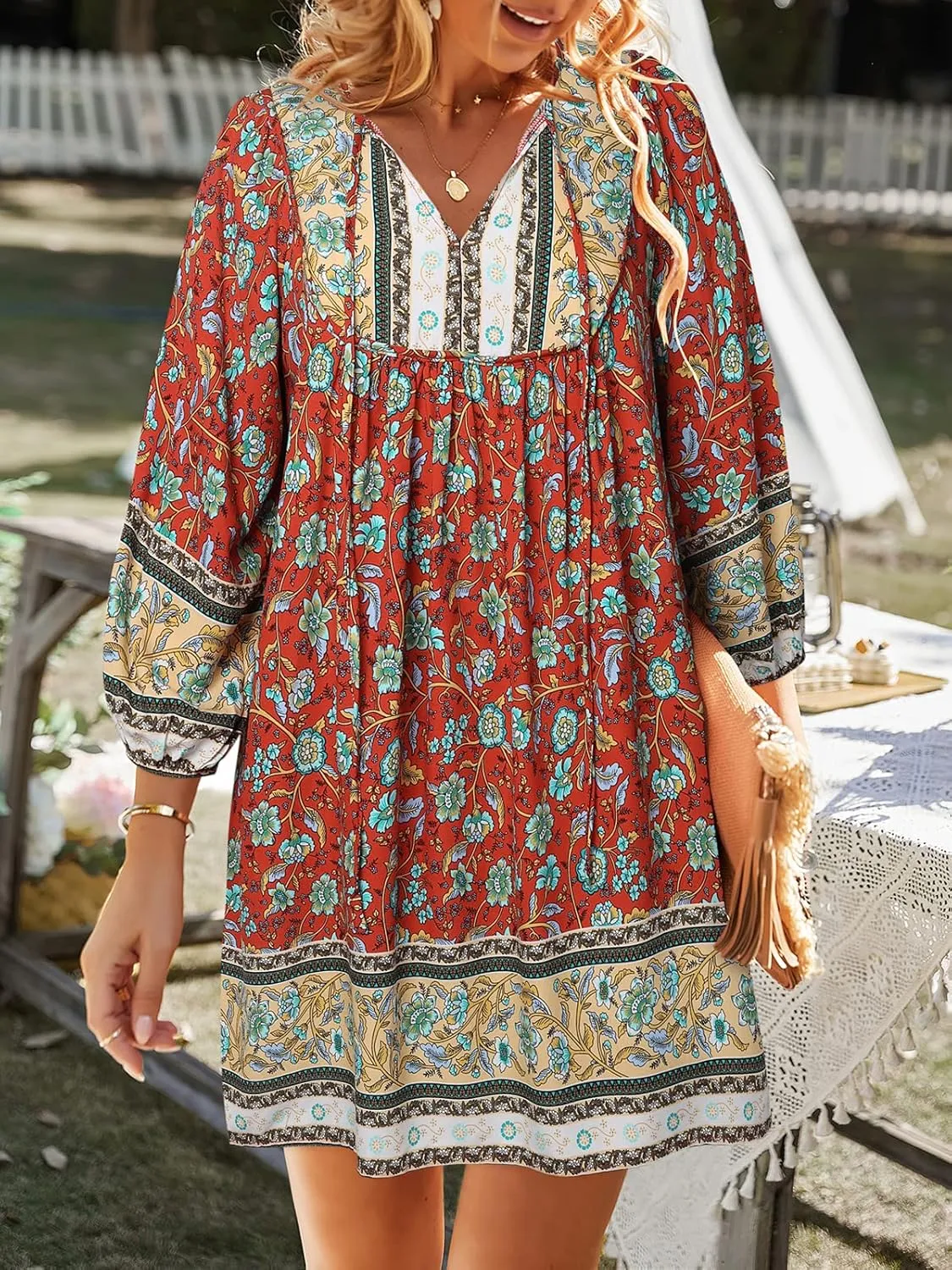 TEMOFON Women's Boho Mini Dress: Summer Floral 3/4 Long Sleeve V Neck Flowy Loose Casual Beach Dresses