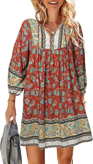 TEMOFON Women's Boho Mini Dress: Summer Floral 3/4 Long Sleeve V Neck Flowy Loose Casual Beach Dresses