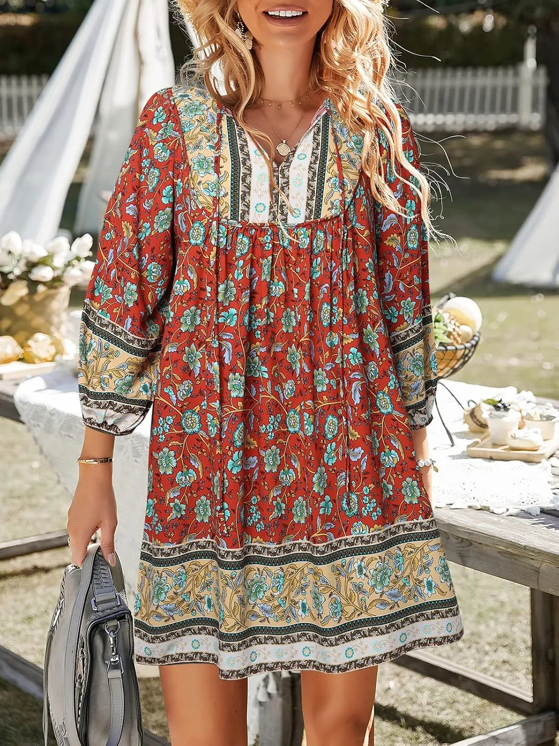 TEMOFON Women's Boho Mini Dress: Summer Floral 3/4 Long Sleeve V Neck Flowy Loose Casual Beach Dresses