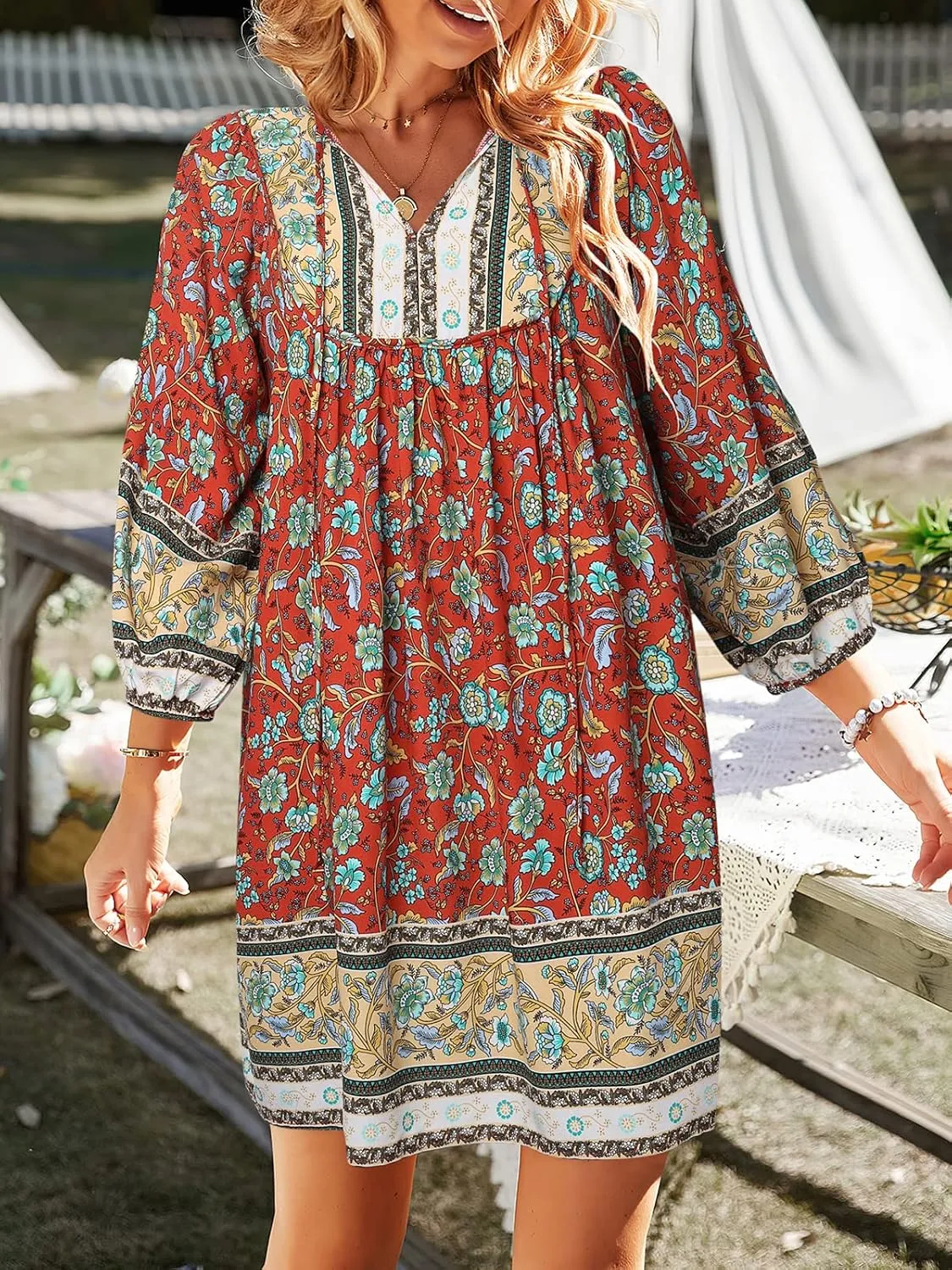 TEMOFON Women's Boho Mini Dress: Summer Floral 3/4 Long Sleeve V Neck Flowy Loose Casual Beach Dresses
