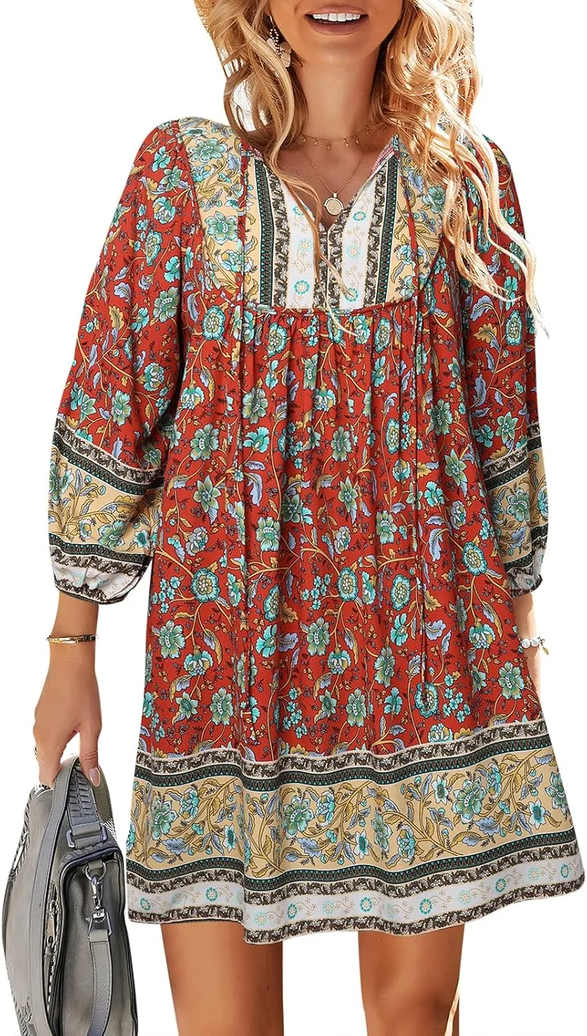 TEMOFON Women's Boho Mini Dress: Summer Floral 3/4 Long Sleeve V Neck Flowy Loose Casual Beach Dresses