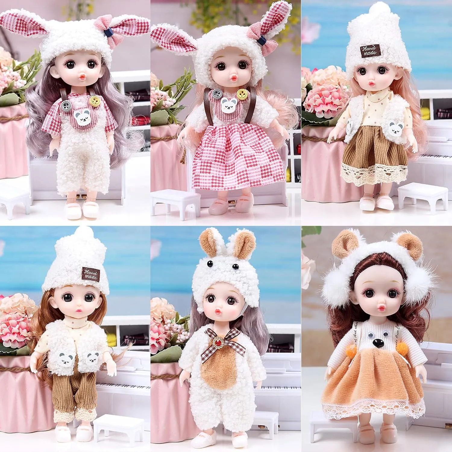 Thcbme 6 Pcs 6 Inch Princess Girl Mini Dolls, Three Sisters Small Princess Dolls, Little Girl Miniature Dolls for 3  Year Old Girls