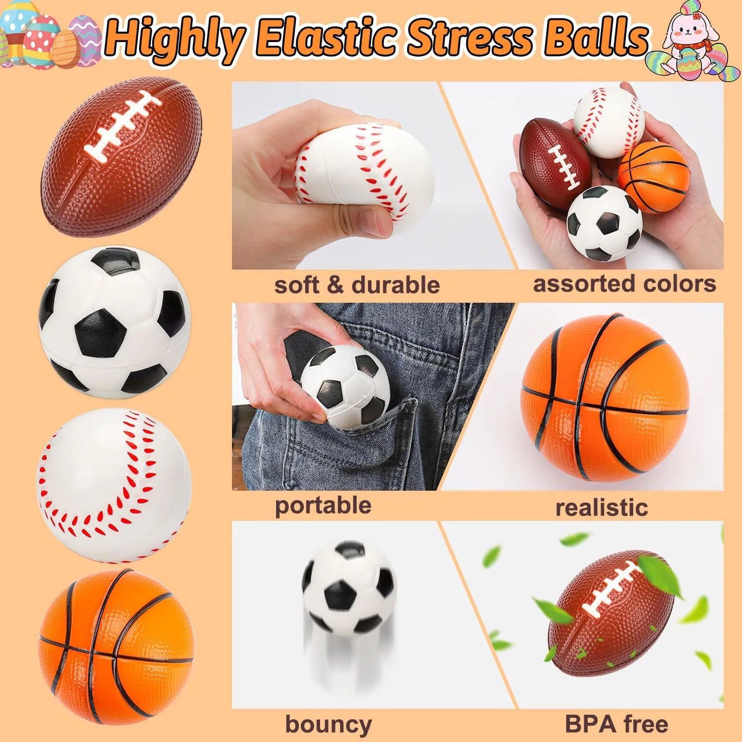 Thremhoo 16 PCS Stress Balls Party Favor for Kids 4-8 Pinata Stuffers Goodie Bag Filler Gifts Sport Foam Bouncy Balls Basketball Football Toddler 8-12 Treasure Box Bulk Toys Classroom Prizes