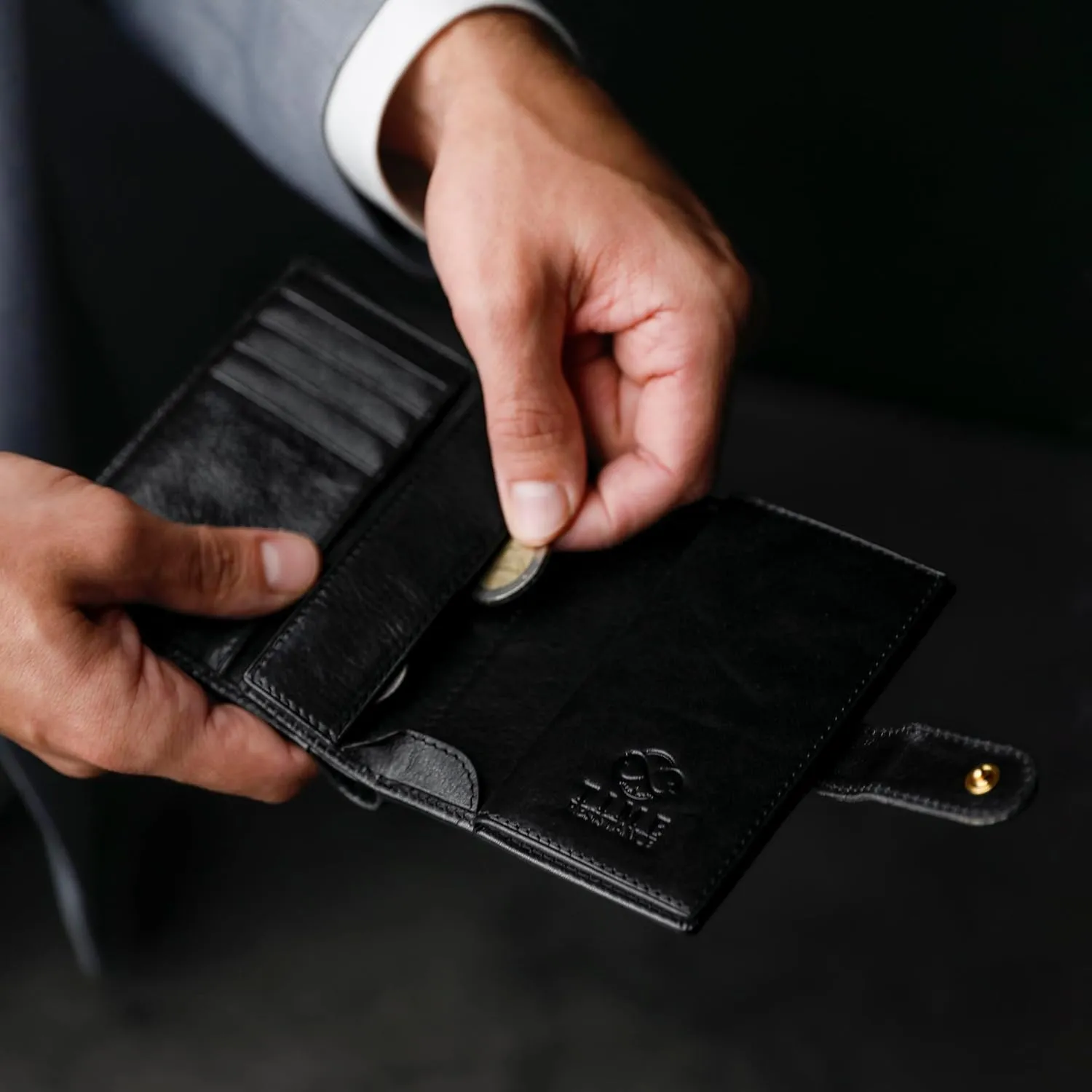 Time Resistance Men's Leather Wallet - Minimalist Wallet Design with Credit Card Holder, Magnetic Coin Holder, Cash Slots - Secured with a Metal Snap Button Closure (Black)