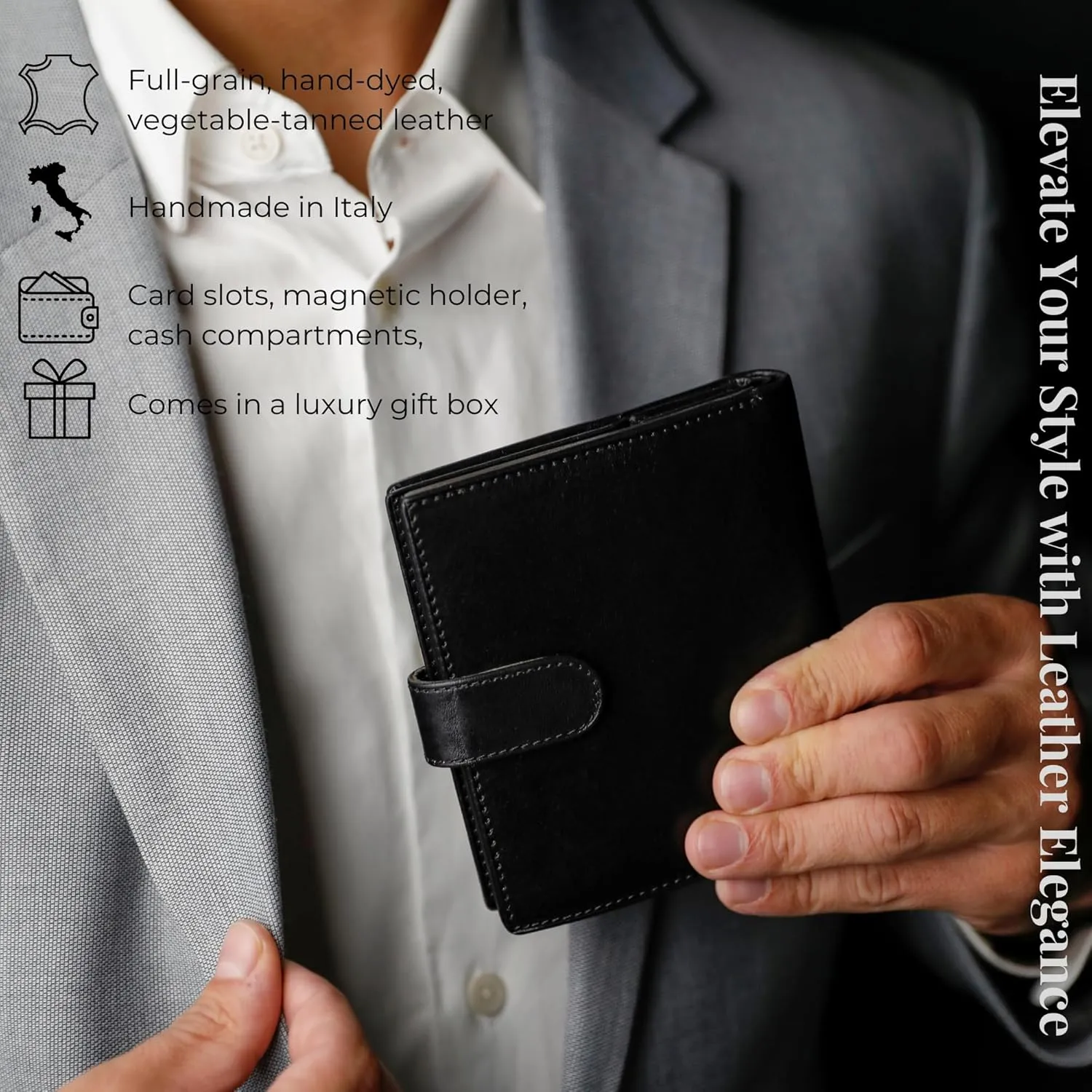 Time Resistance Men's Leather Wallet - Minimalist Wallet Design with Credit Card Holder, Magnetic Coin Holder, Cash Slots - Secured with a Metal Snap Button Closure (Black)
