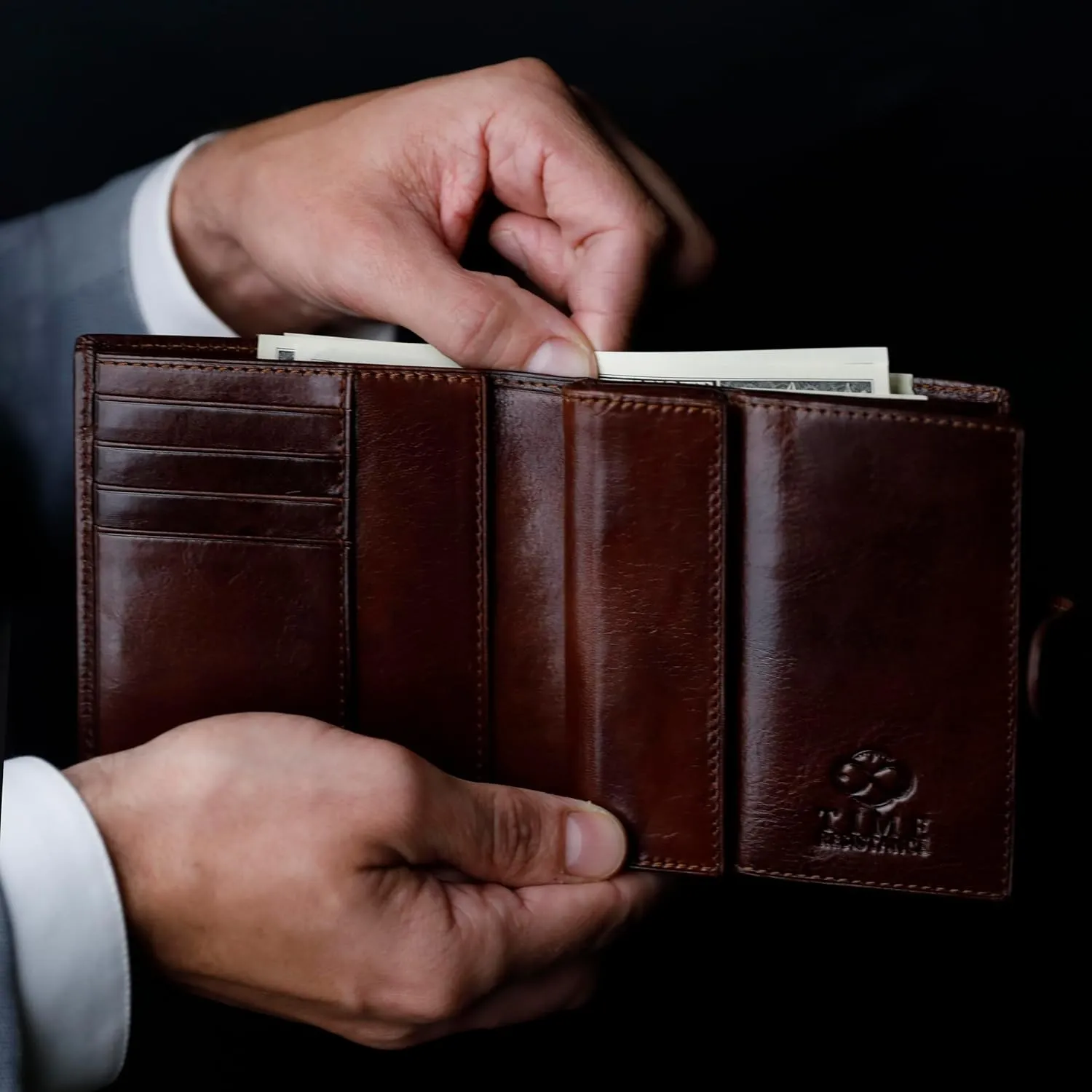 Time Resistance Men's Leather Wallet - Minimalist Wallet Design with Credit Card Holder, Magnetic Coin Holder, Cash Slots - Secured with a Metal Snap Button Closure (Brown)
