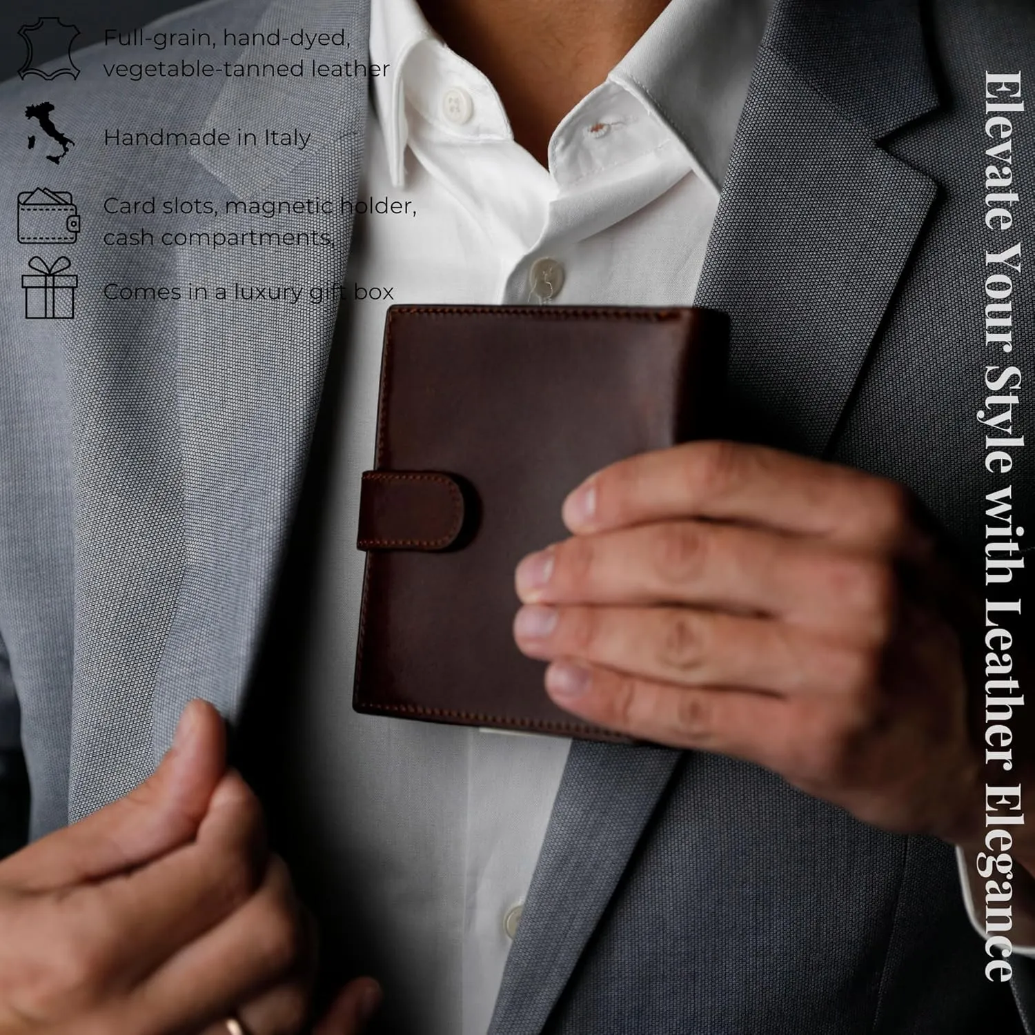 Time Resistance Men's Leather Wallet - Minimalist Wallet Design with Credit Card Holder, Magnetic Coin Holder, Cash Slots - Secured with a Metal Snap Button Closure (Brown)
