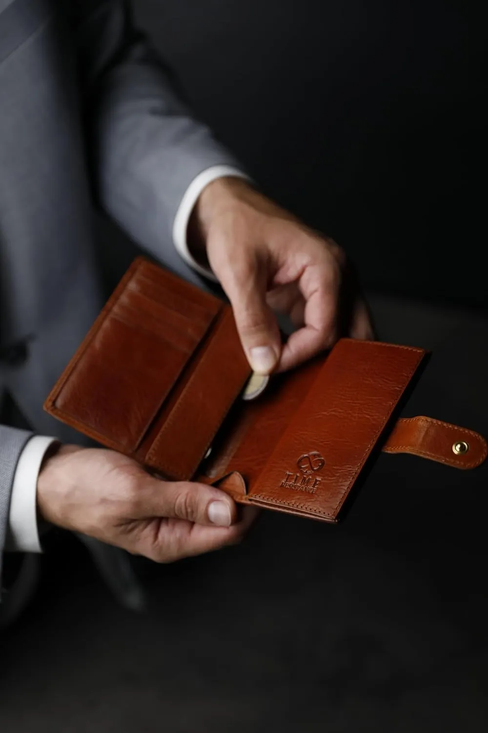 Time Resistance Men's Leather Wallet - Minimalist Wallet Design with Credit Card Holder, Magnetic Coin Holder, Cash Slots - Secured with a Metal Snap Button Closure (Cognac Brown)