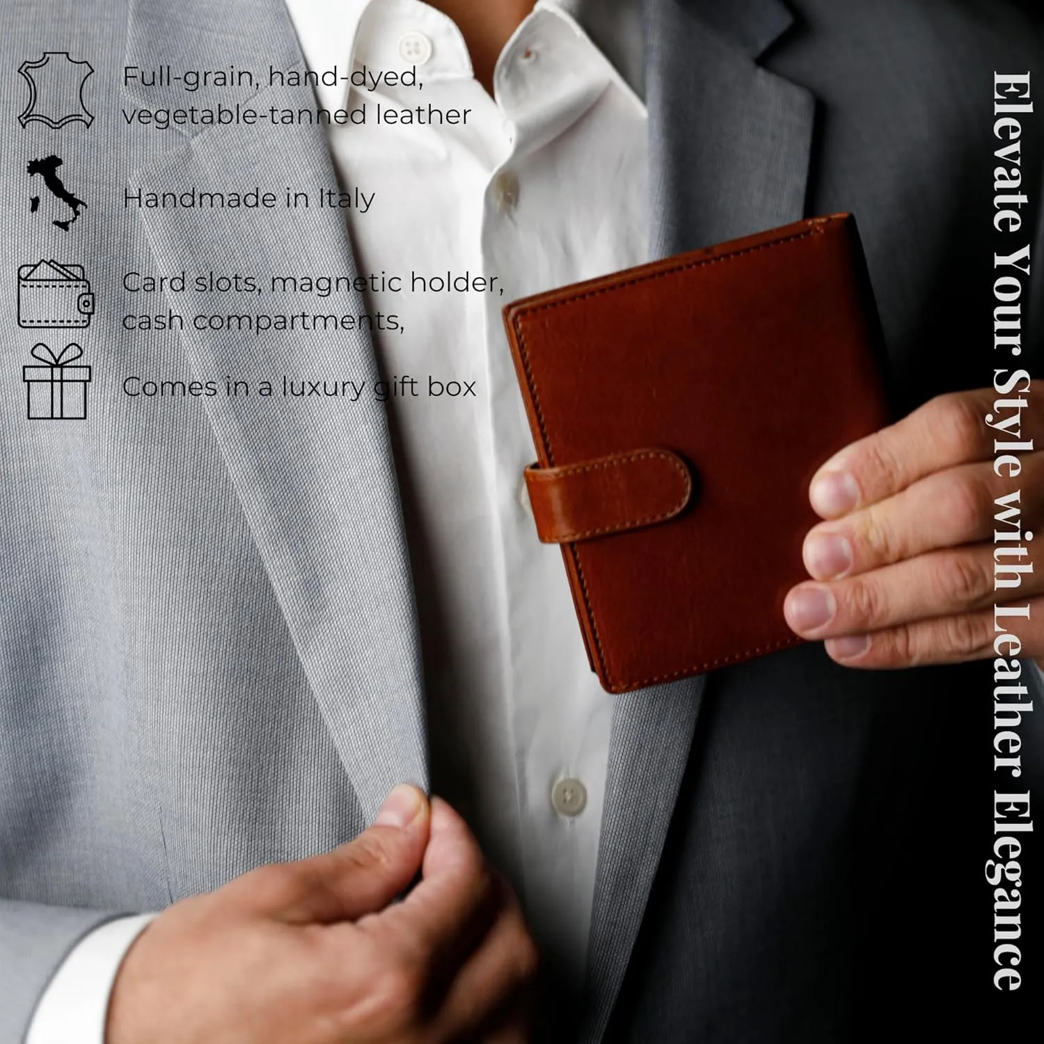 Time Resistance Men's Leather Wallet - Minimalist Wallet Design with Credit Card Holder, Magnetic Coin Holder, Cash Slots - Secured with a Metal Snap Button Closure (Cognac Brown)