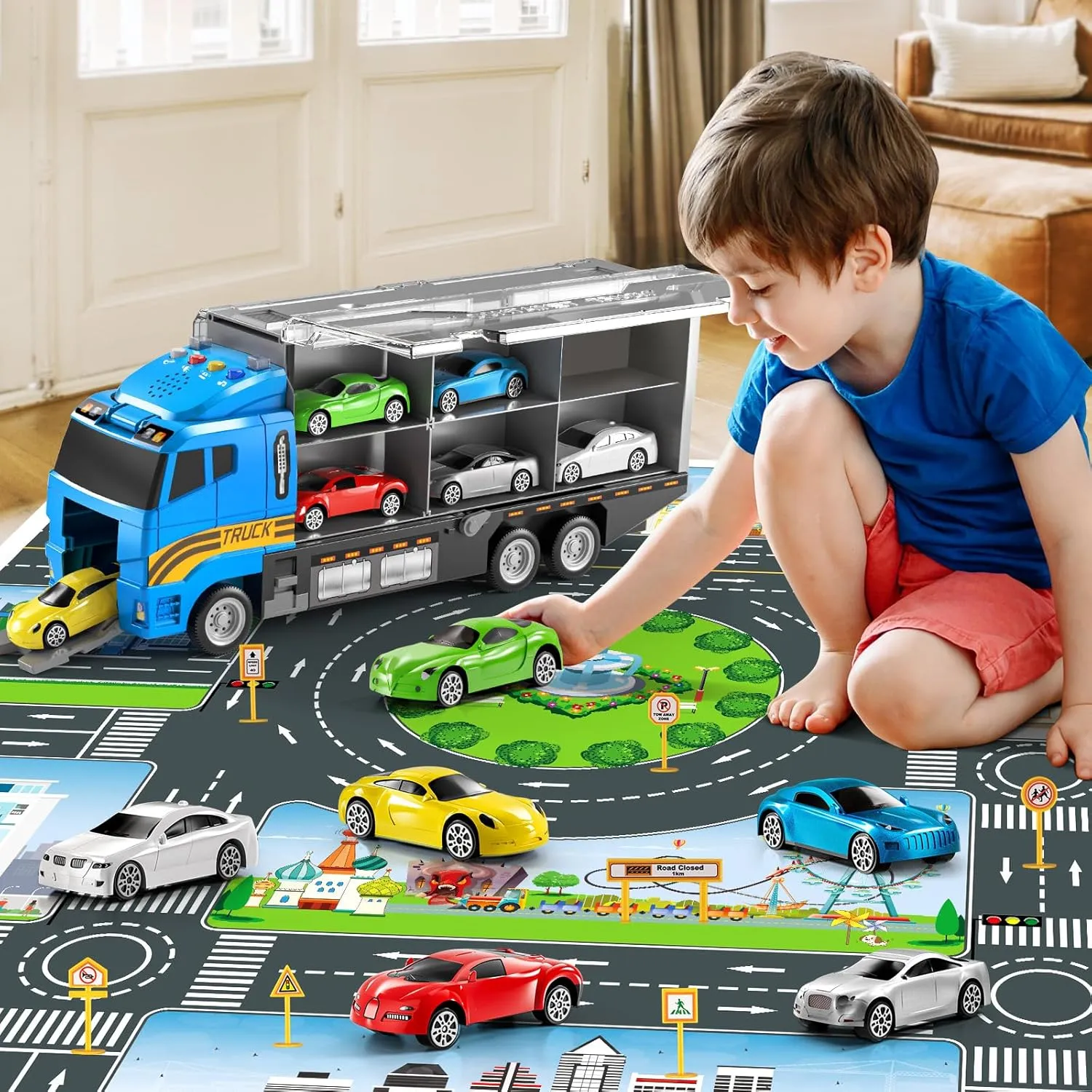 Toddler Toys for 3-8  Years Old, Truck Vehicle Set With Play Mat, Die-Cast Car Carrier for Kids, Birthday Gifts for Boys