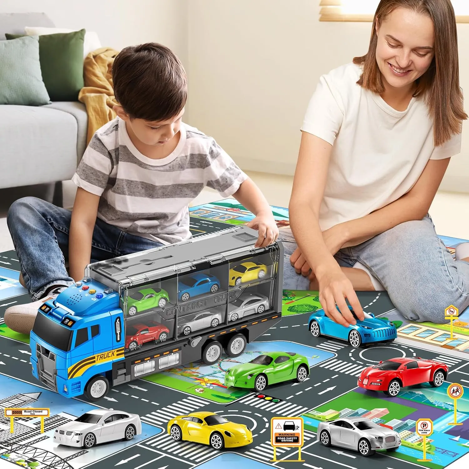 Toddler Toys for 3-8  Years Old, Truck Vehicle Set With Play Mat, Die-Cast Car Carrier for Kids, Birthday Gifts for Boys