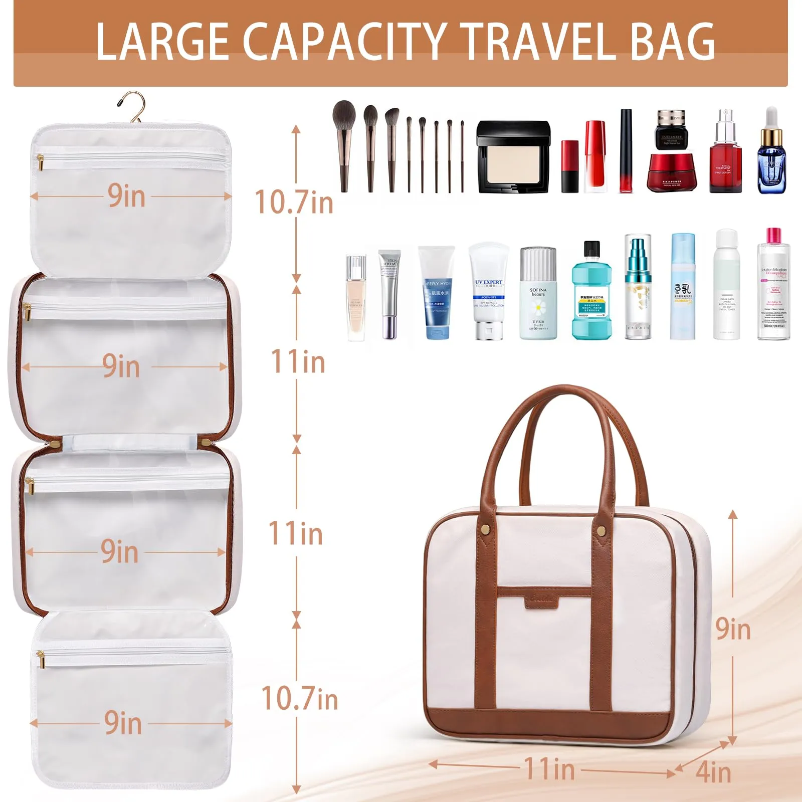 Toiletry Bag for Women Hanging Travel Toiletry Bag with Hook,Water-resistant Makeup Cosmetic Bag Travel Organizer for Toiletries, Accessories P-Beige