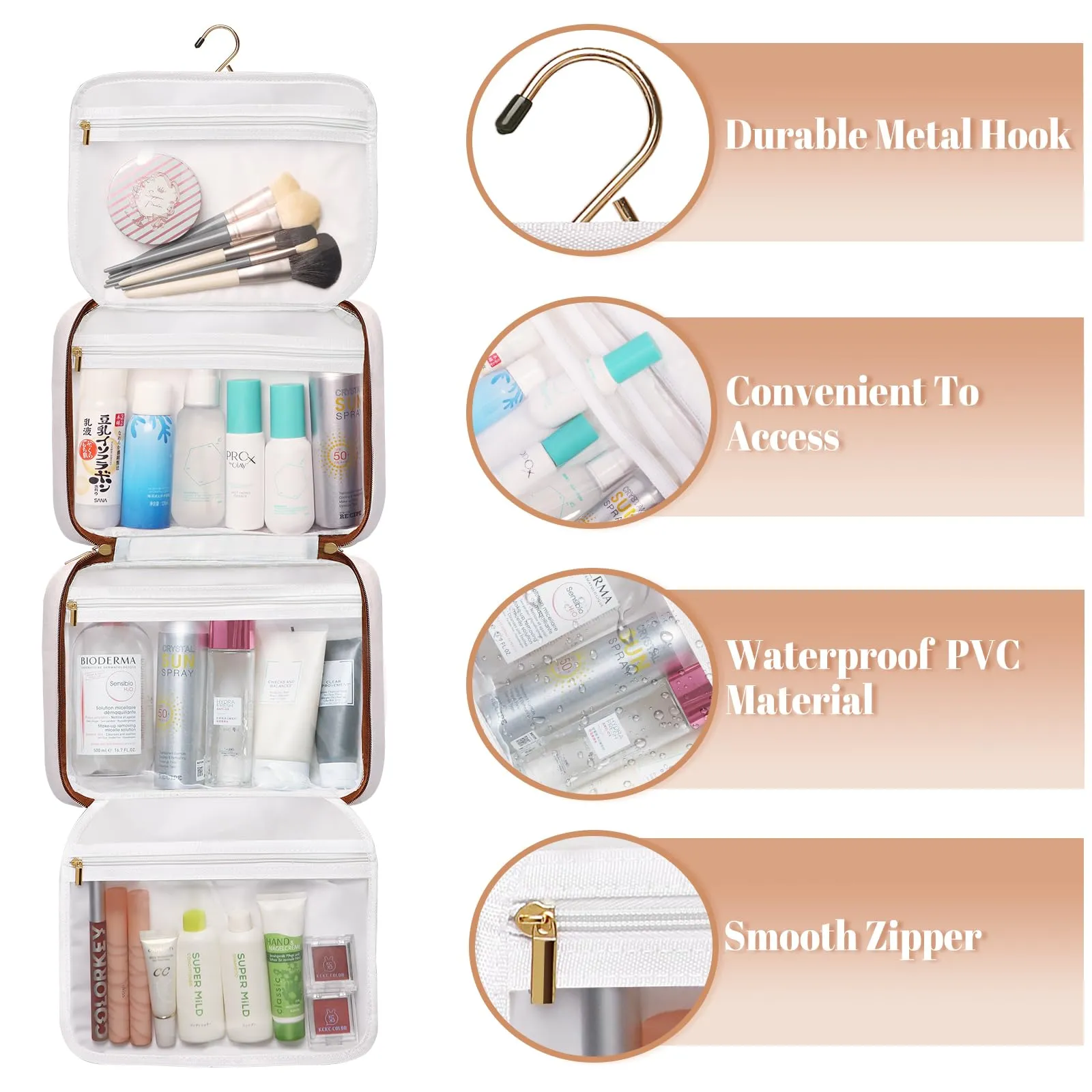 Toiletry Bag for Women Hanging Travel Toiletry Bag with Hook,Water-resistant Makeup Cosmetic Bag Travel Organizer for Toiletries, Accessories P-Beige