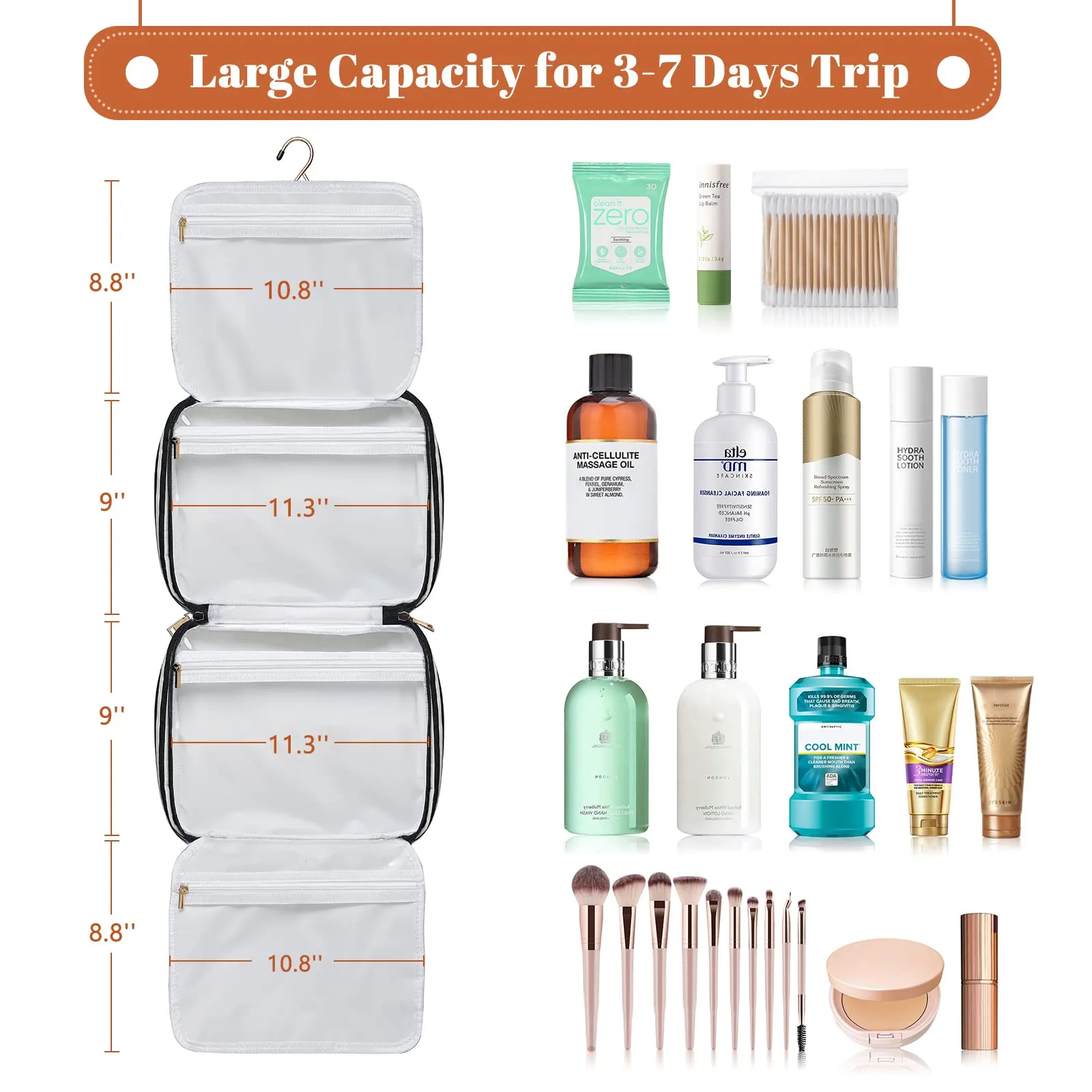 Toiletry Bag for Women, Water-resistant Travel Makeup Organizer with Hanging Hook, 5 Compartments Large Cosmetic Case for Accessories, Shampoo and Full Sized Container, Shower Bag, Christmas Gift