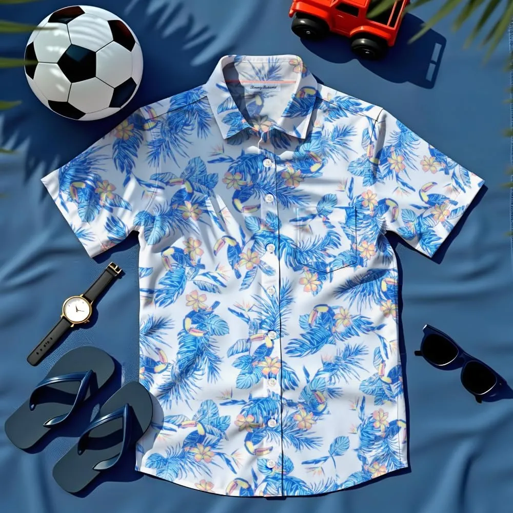 Tommy Bahama Boys Classic Woven Button-Down Shirt - Summer Short-Sleeve Hawaiian Shirt with Pocket for Kids