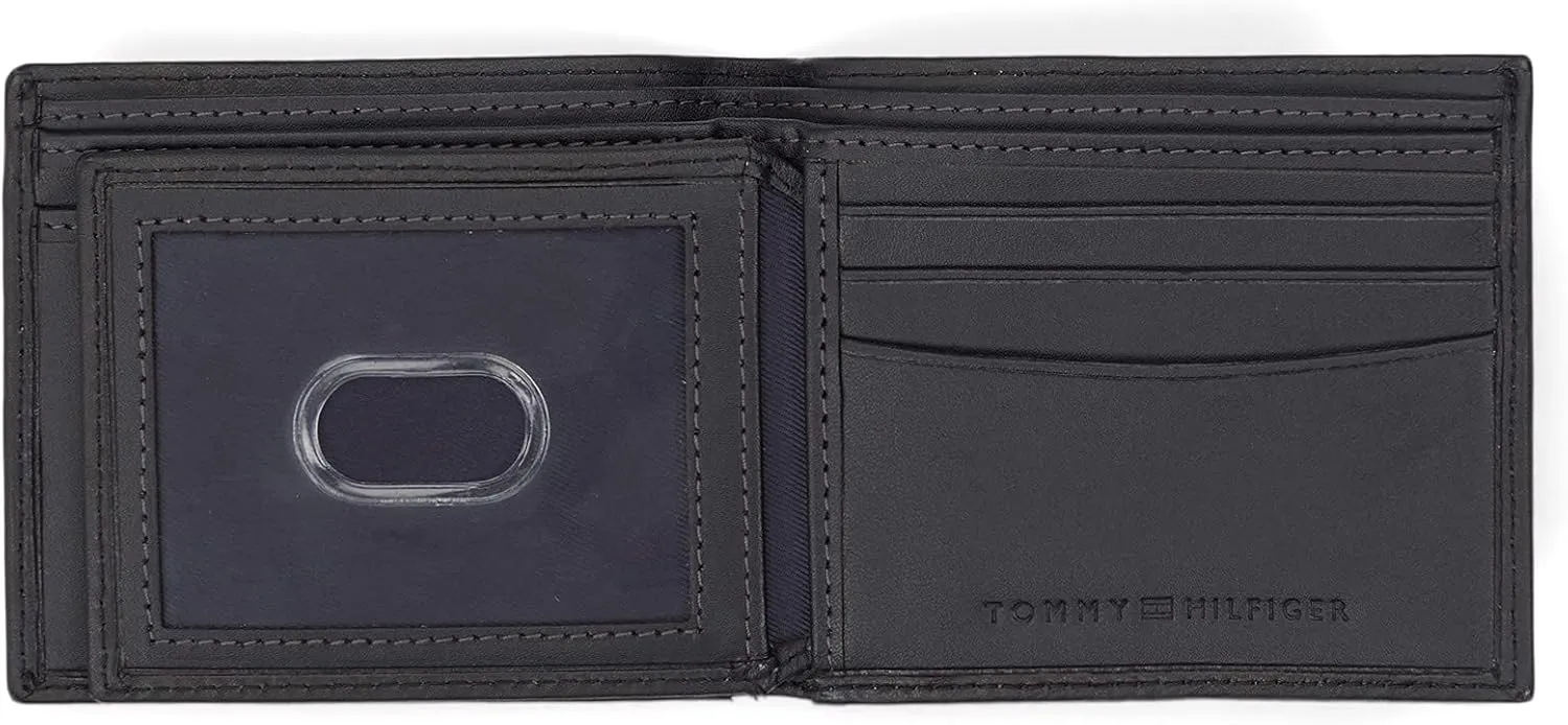 Tommy Hilfiger Men's Leather Wallet – Slim Bifold with 6 Credit Card Pockets and Removable ID Window, Black Minimal, One Size