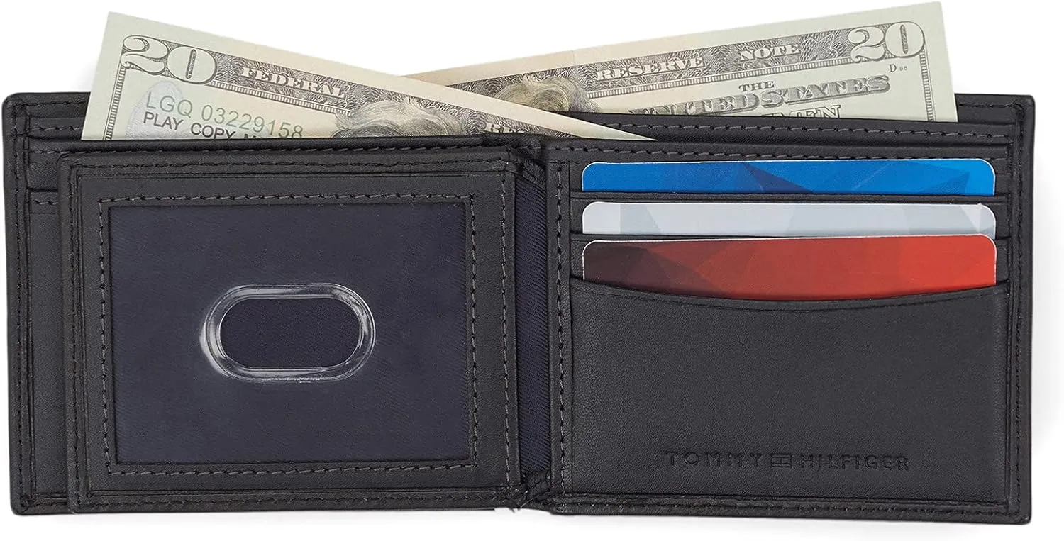 Tommy Hilfiger Men's Leather Wallet – Slim Bifold with 6 Credit Card Pockets and Removable ID Window, Black Minimal, One Size
