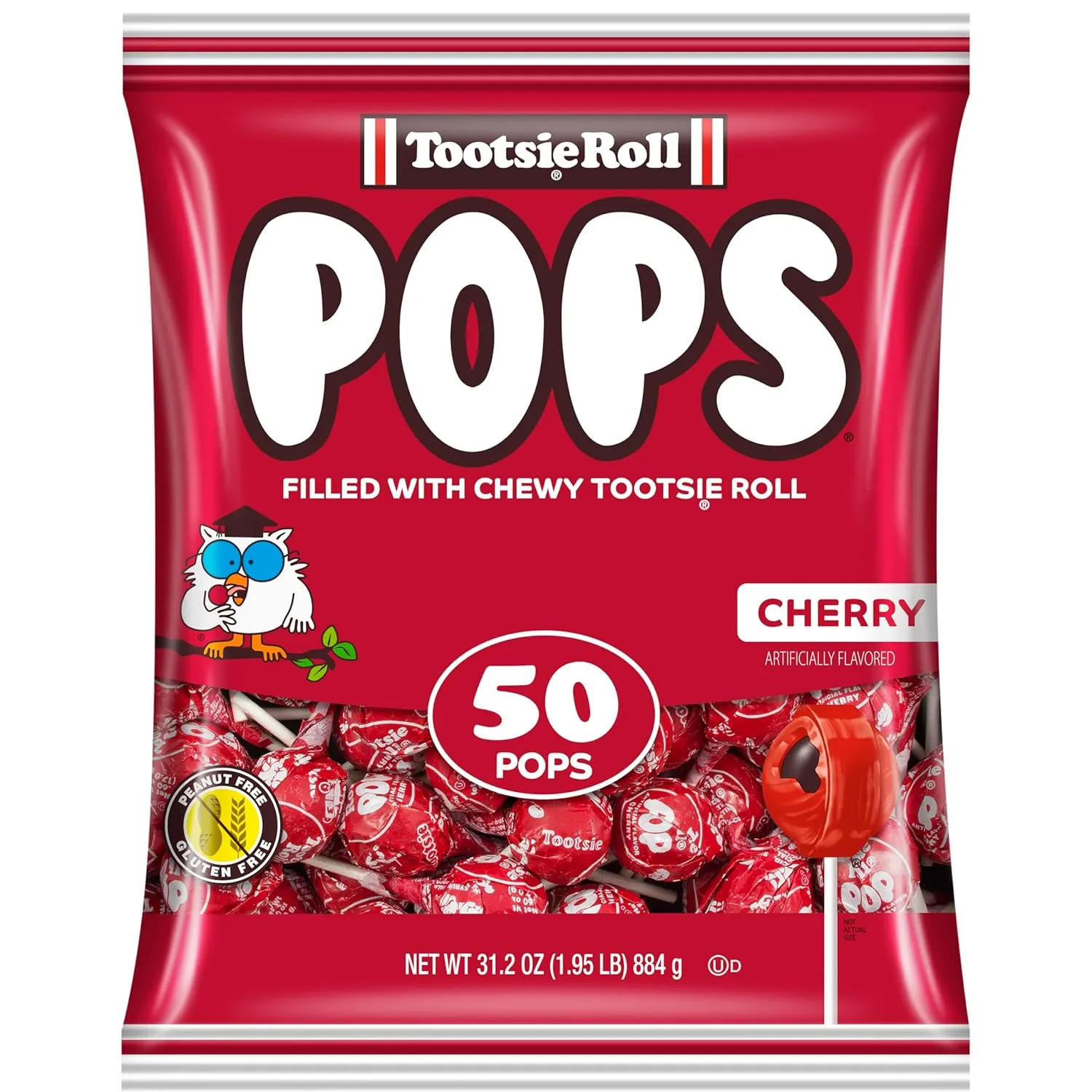 Tootsie Pops Single Flavor Bag - Cherry Flavored Lollipops with Chocolatey Center - Individually Wrapped Hard Candy - Red Candy - Peanut Free, Gluten Free, 50 Count (Pack of 1)