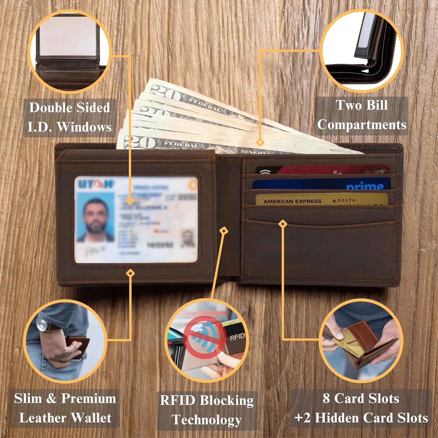 Top Grain Leather Wallet for Men - Mens Bifold Wallet RFID Blocking with Extra Capacity 10 Cards Slots with 2 ID Windows - Minimalist Mens Billfold Wallet - Mens Wallet with Gift Box - Coffee Brown