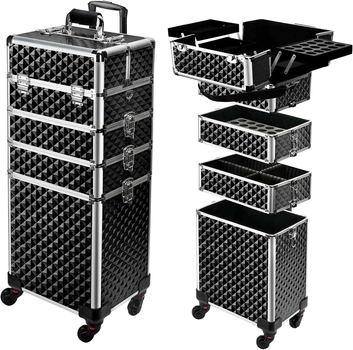 TOPACK Professional 5-In-1 Rolling Makeup Train Case, Large Makeup Travel Case with Key Shoulder Strap/Handle Cushion I Makeup Train Case Organizer I Cosmetology Case on Wheels I Black