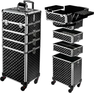 TOPACK Professional 5-In-1 Rolling Makeup Train Case, Large Makeup Travel Case with Key Shoulder Strap/Handle Cushion I Makeup Train Case Organizer I Cosmetology Case on Wheels I Black