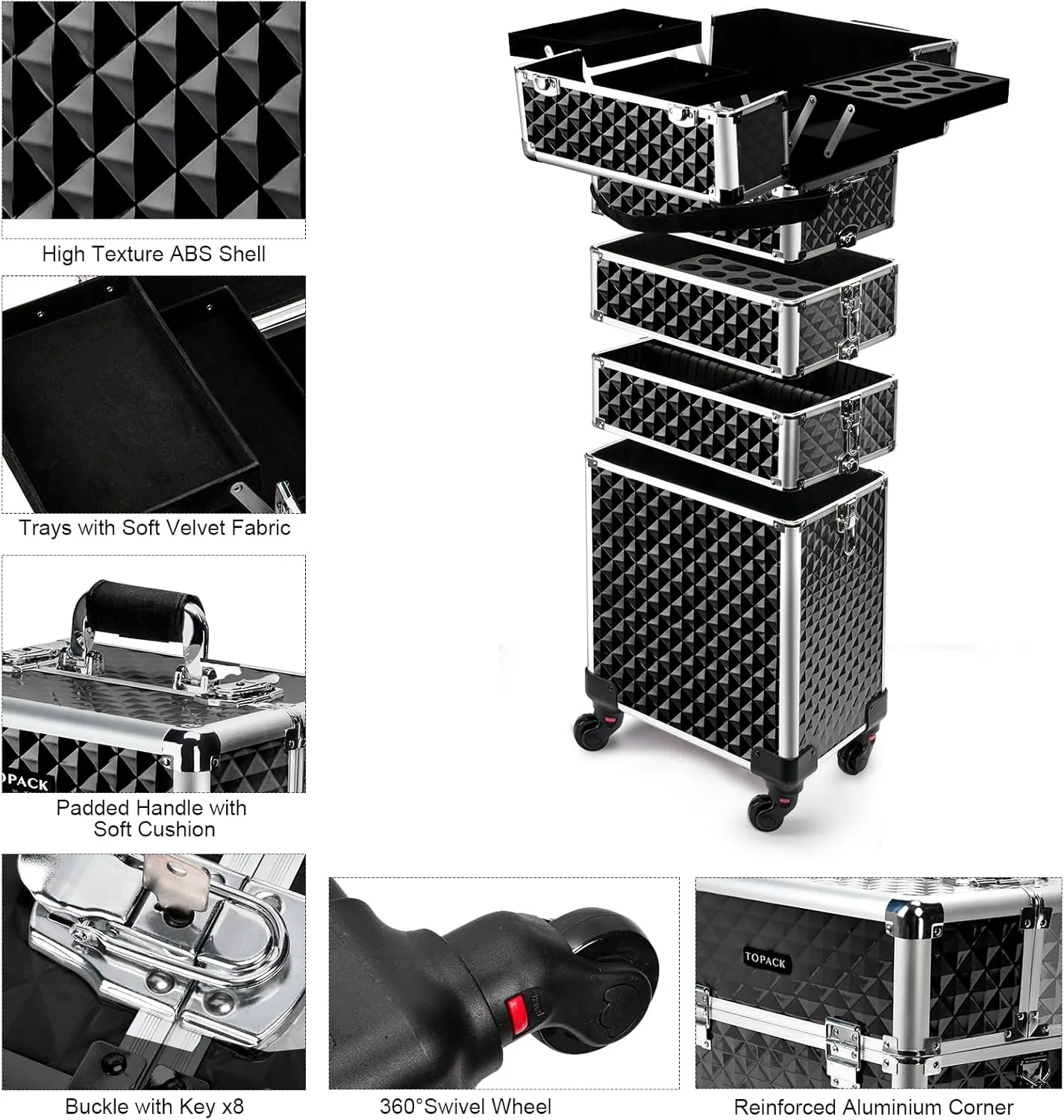 TOPACK Professional 5-In-1 Rolling Makeup Train Case, Large Makeup Travel Case with Key Shoulder Strap/Handle Cushion I Makeup Train Case Organizer I Cosmetology Case on Wheels I Black