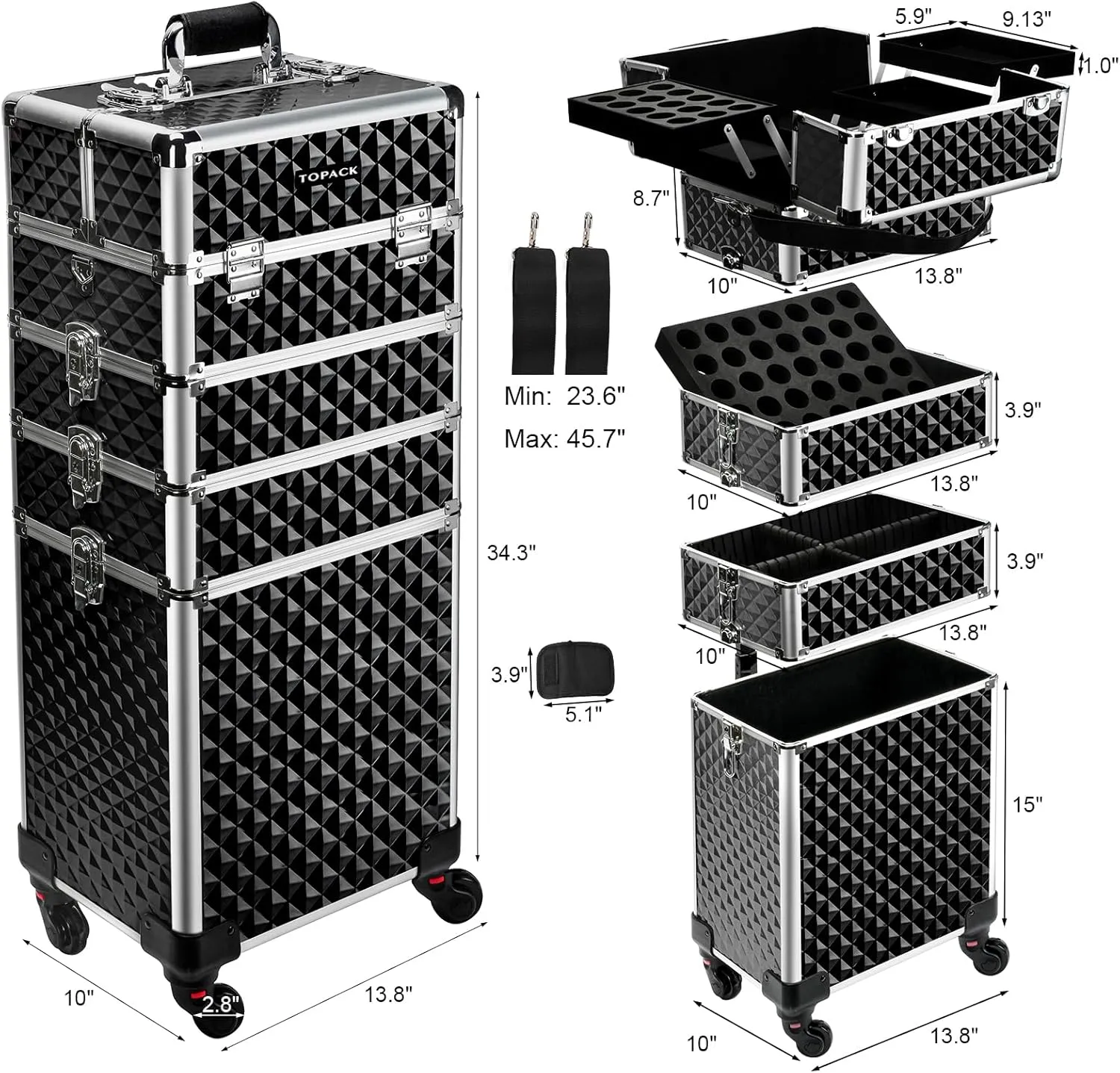TOPACK Professional 5-In-1 Rolling Makeup Train Case, Large Makeup Travel Case with Key Shoulder Strap/Handle Cushion I Makeup Train Case Organizer I Cosmetology Case on Wheels I Black