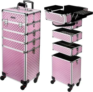 TOPACK Professional 5-In-1 Rolling Makeup Train Case, Large Makeup Travel Case with Key Shoulder Strap/Handle Cushion I Makeup Train Case Organizer I Cosmetology Case on Wheels I Pink